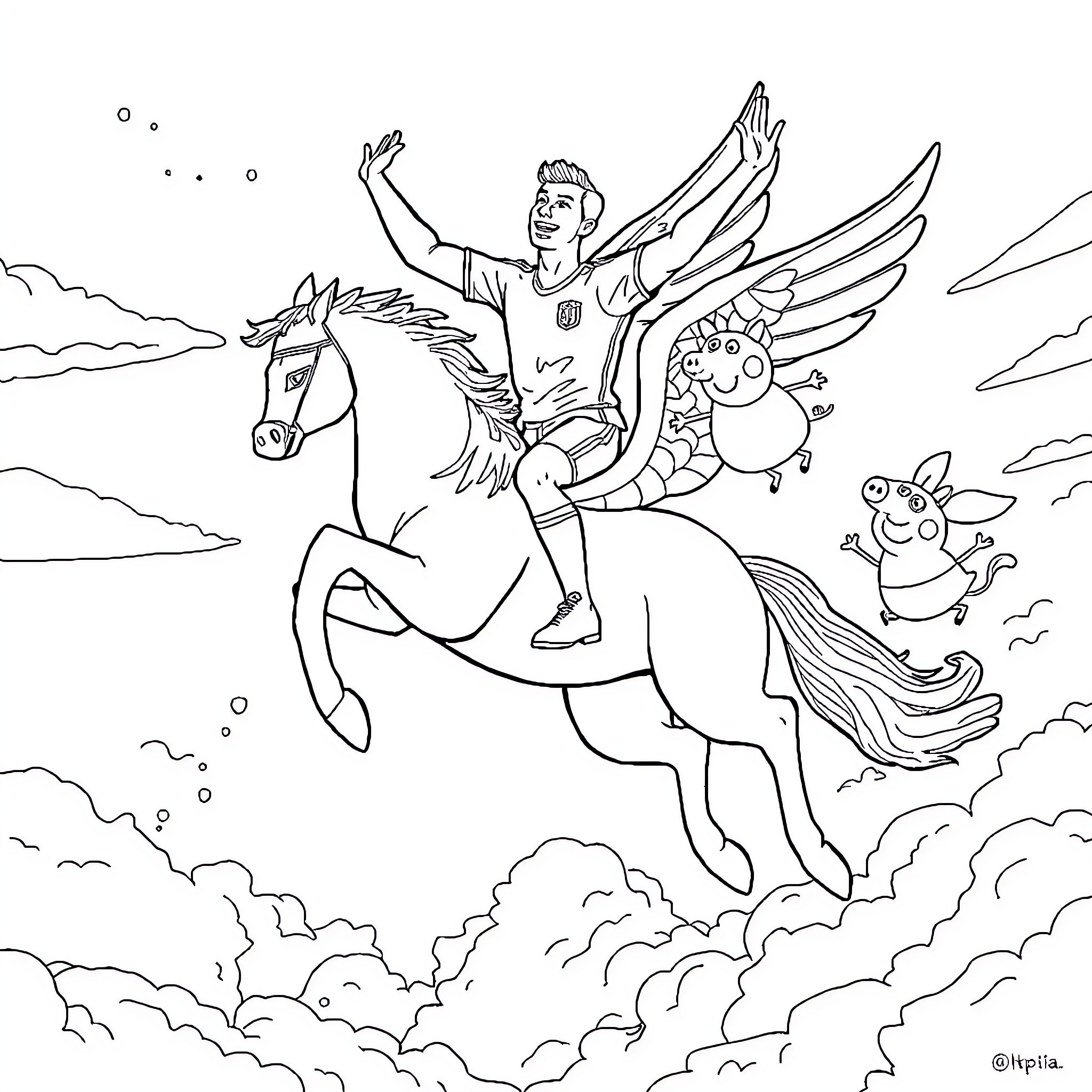 Cristiano Ronaldo riding a winged horse with animal companions Coloring Page (free black-and-white line drawing printable PDF for all, from beginners to advanced learners, including children, teens, adults, and seniors)
