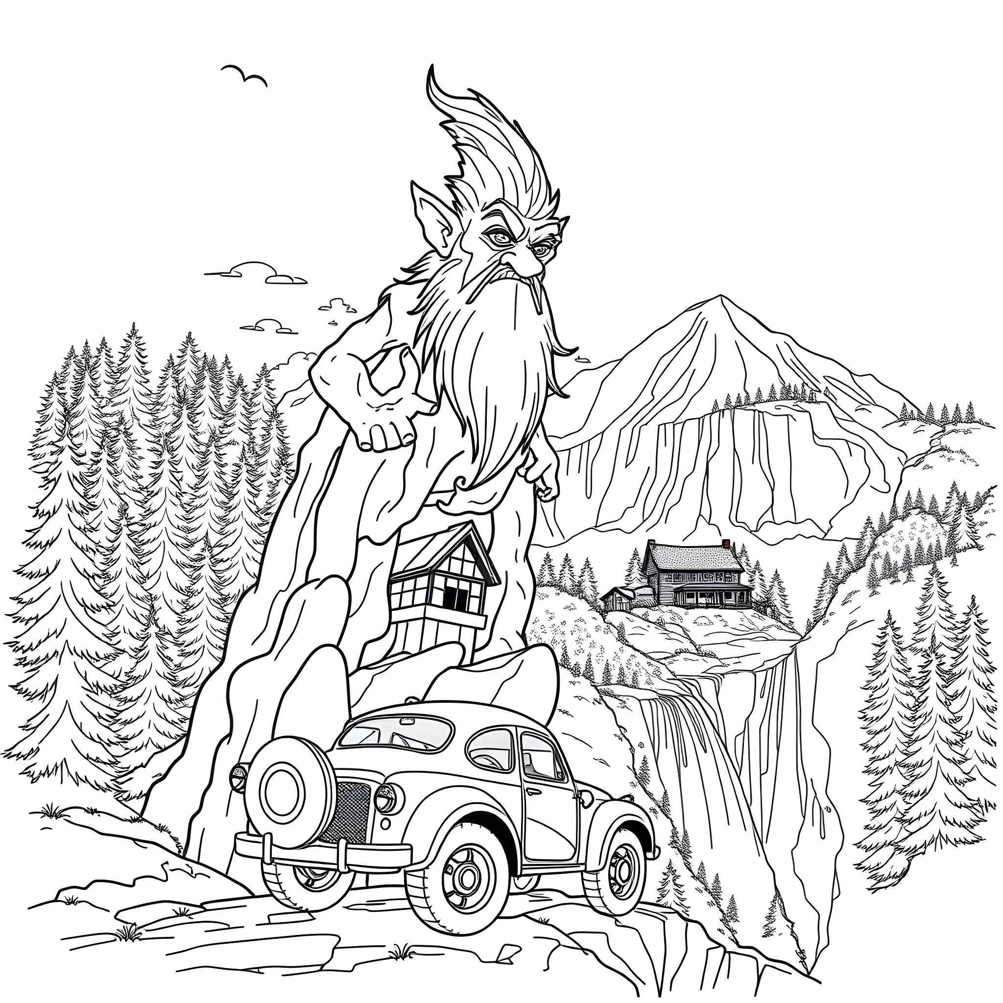 Troll driving an old car in the mountainous forest Coloring Page (free black-and-white line drawing printable PDF for all, from beginners to advanced learners, including children, teens, adults, and seniors)