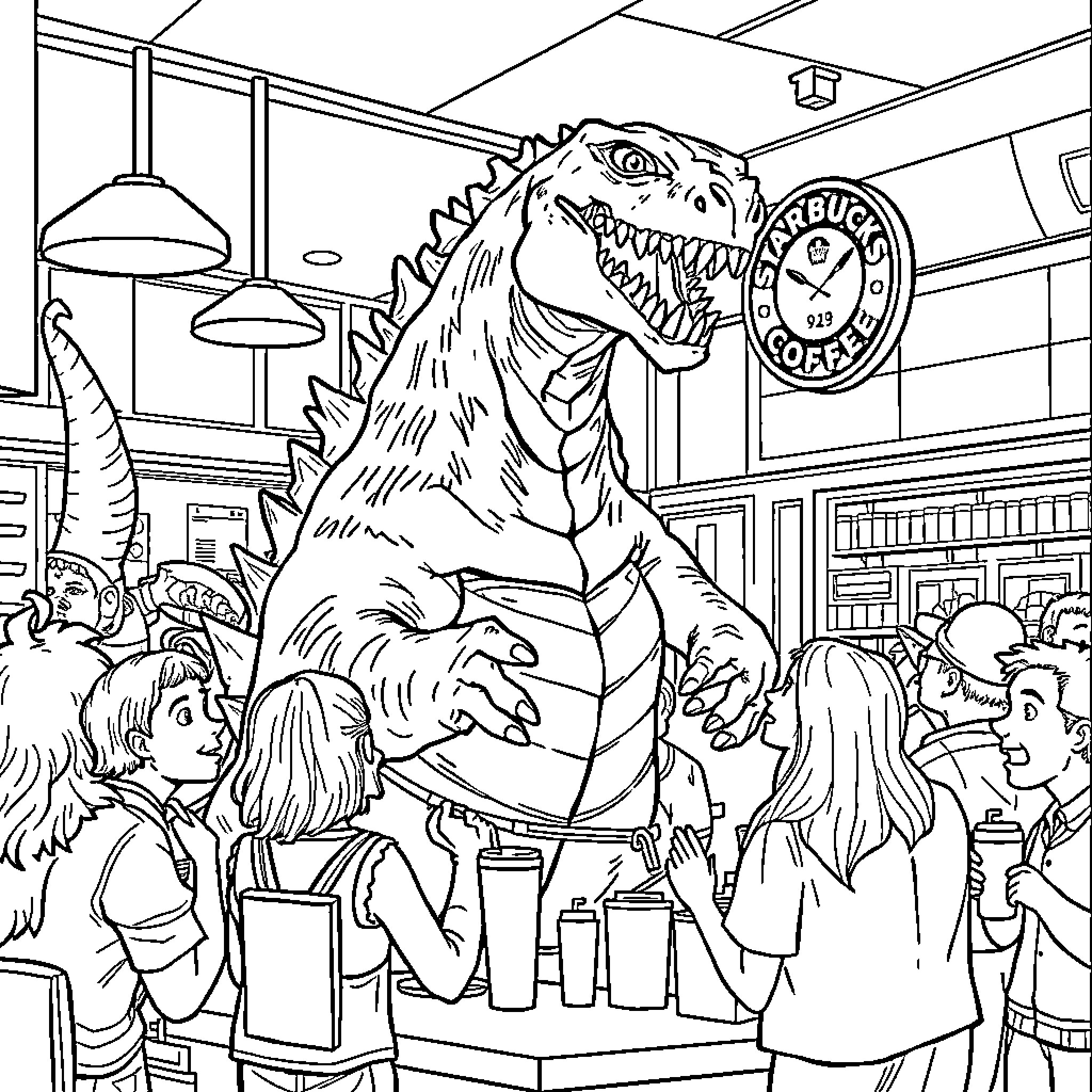 Godzilla Terrorizes Crowded Cafe Coloring Page (free black-and-white line drawing printable PDF for all, from beginners to advanced learners, including children, teens, adults, and seniors)
