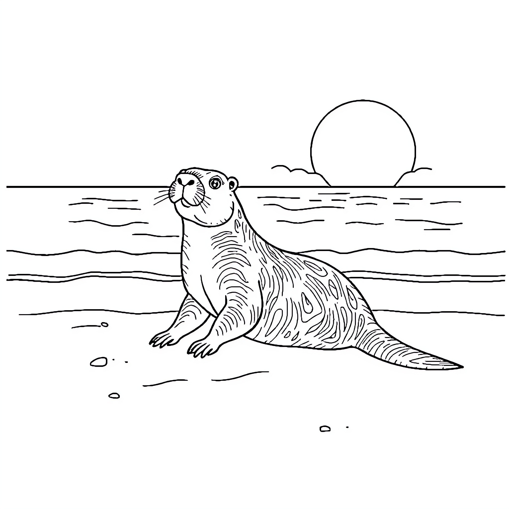 Capybara resting peacefully by the sea Coloring Page (free black-and-white line drawing printable PDF for all, from beginners to advanced learners, including children, teens, adults, and seniors)