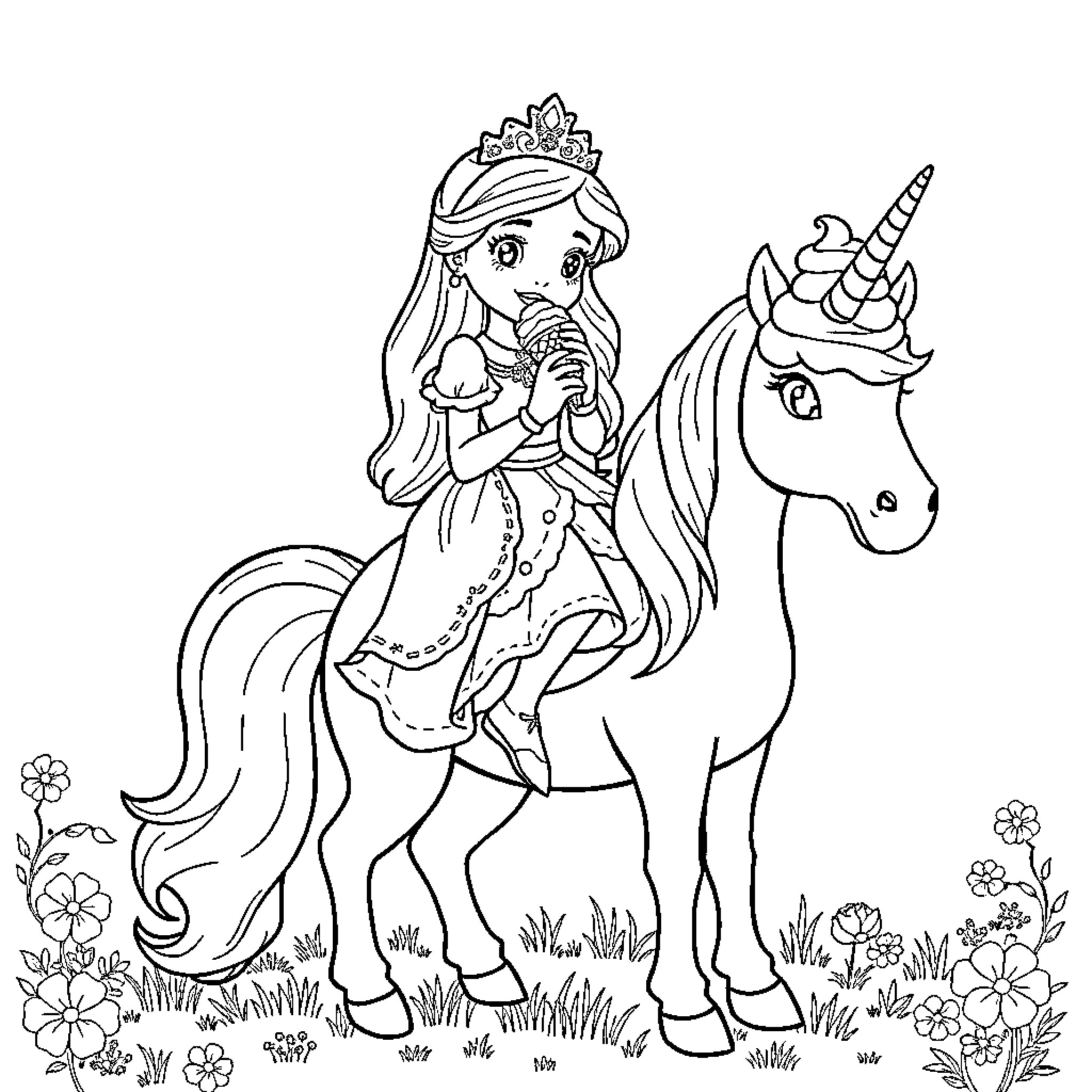 Princess Riding Unicorn in a Floral Garden Coloring Page (free black-and-white line drawing printable PDF for all, from beginners to advanced learners, including children, teens, adults, and seniors)