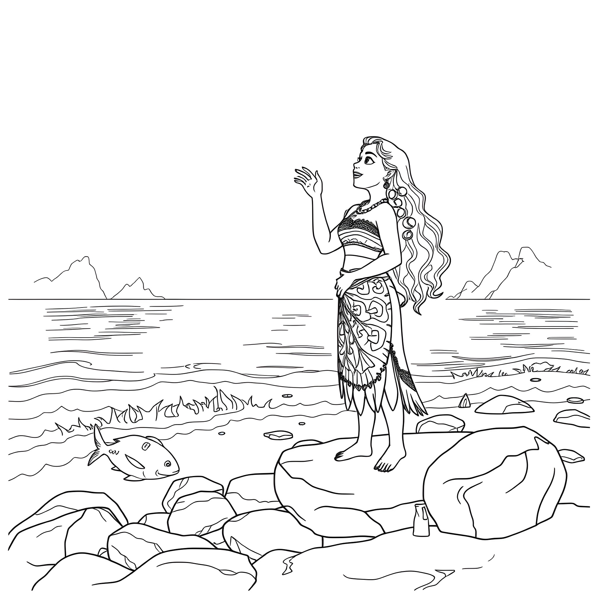 Moana waving in the ocean with marine life Coloring Page (free black-and-white line drawing printable PDF for all, from beginners to advanced learners, including children, teens, adults, and seniors)