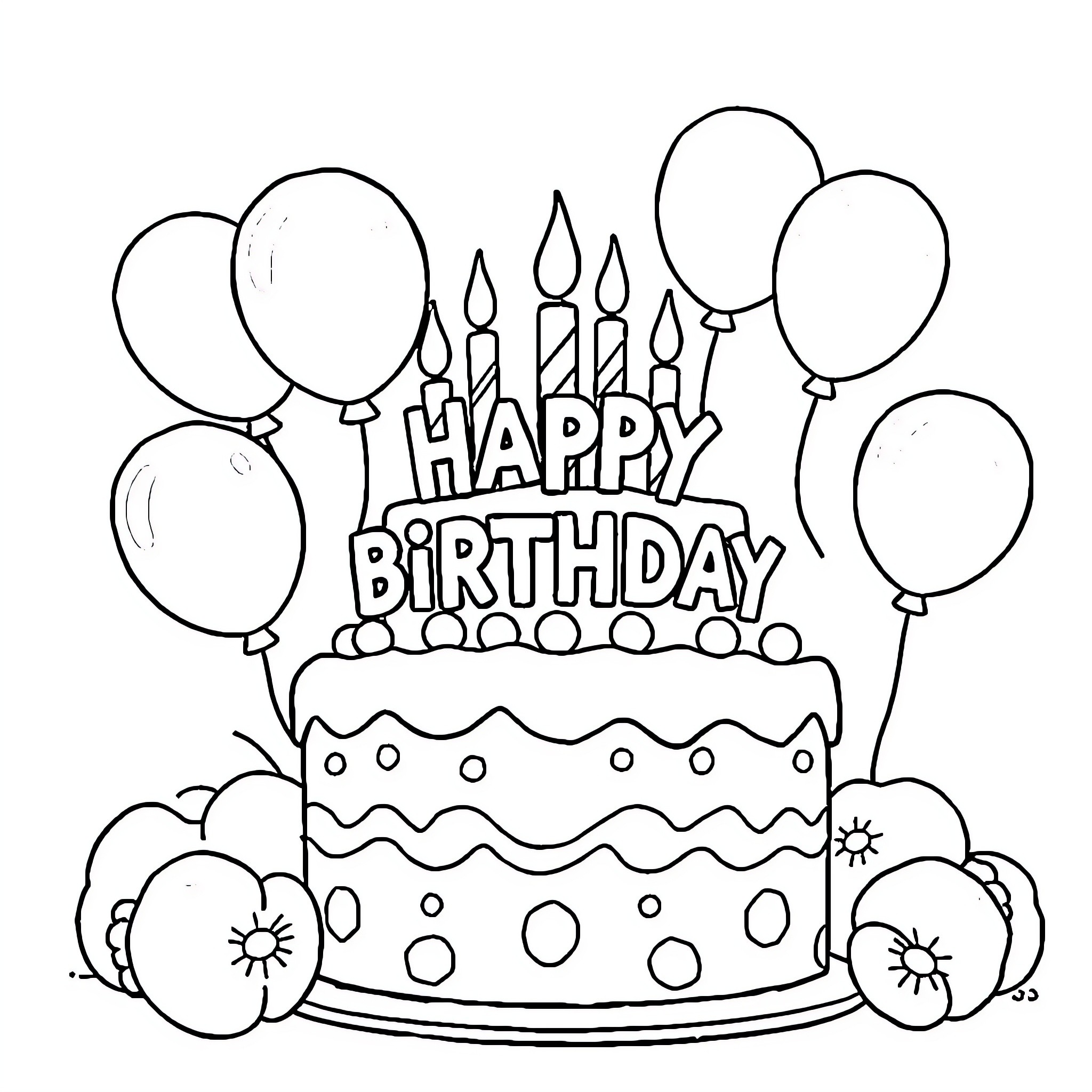 Birthday Card with Cake and Balloons Coloring Page (free black-and-white line drawing printable PDF for all, from beginners to advanced learners, including children, teens, adults, and seniors)