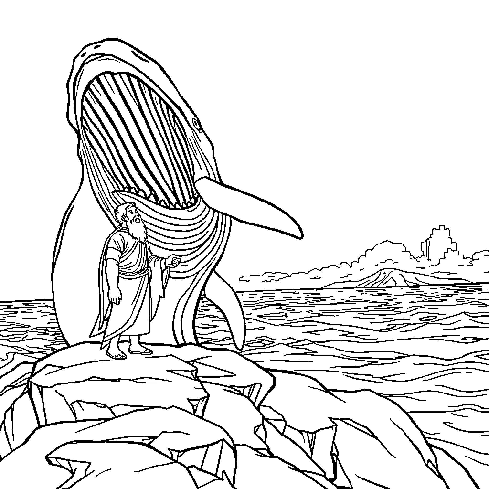 Whale and human figure in a dramatic ocean scene Coloring Page (free black-and-white line drawing printable PDF for all, from beginners to advanced learners, including children, teens, adults, and seniors)