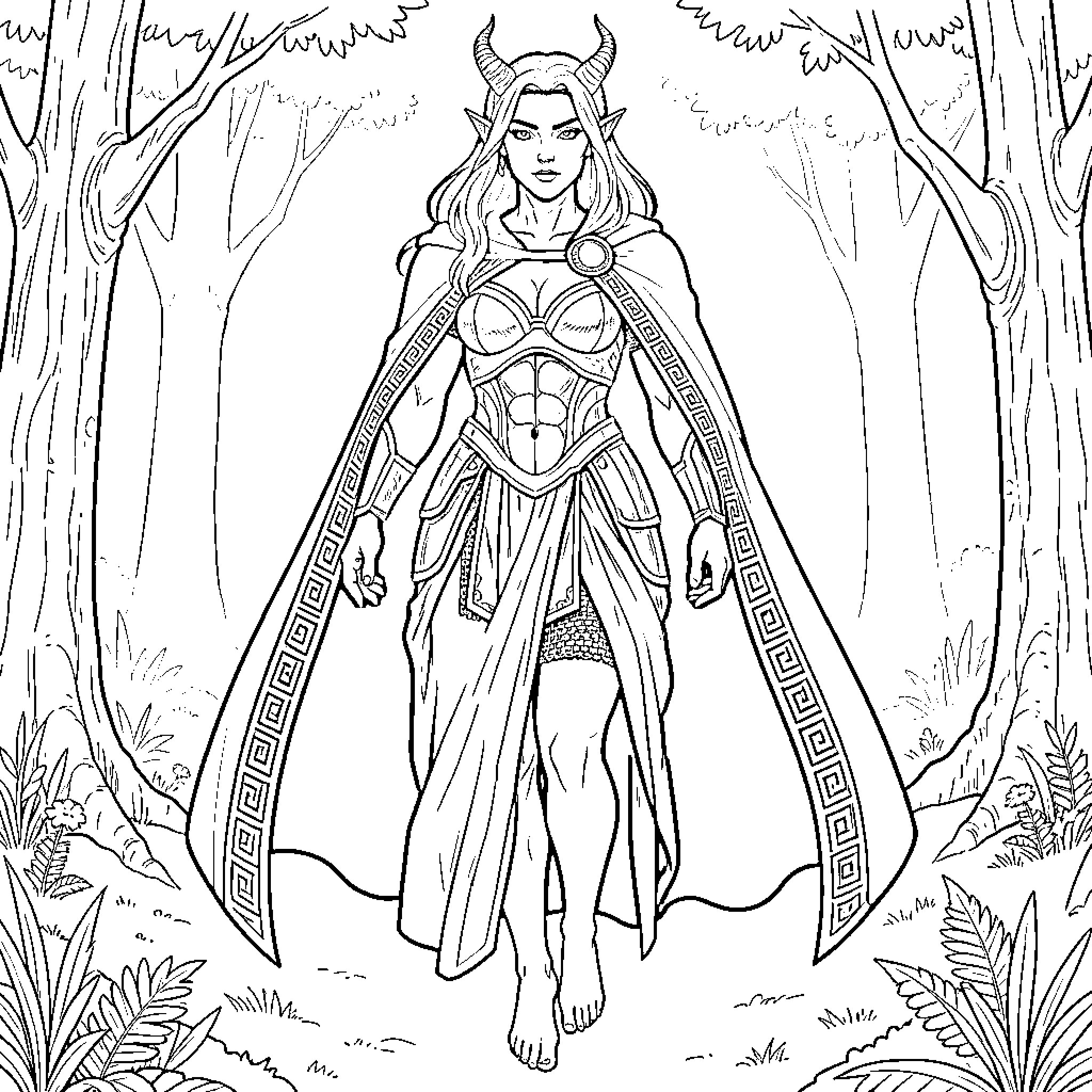 Warrior woman with horns walking through a forest Coloring Page (free black-and-white line drawing printable PDF for all, from beginners to advanced learners, including children, teens, adults, and seniors)