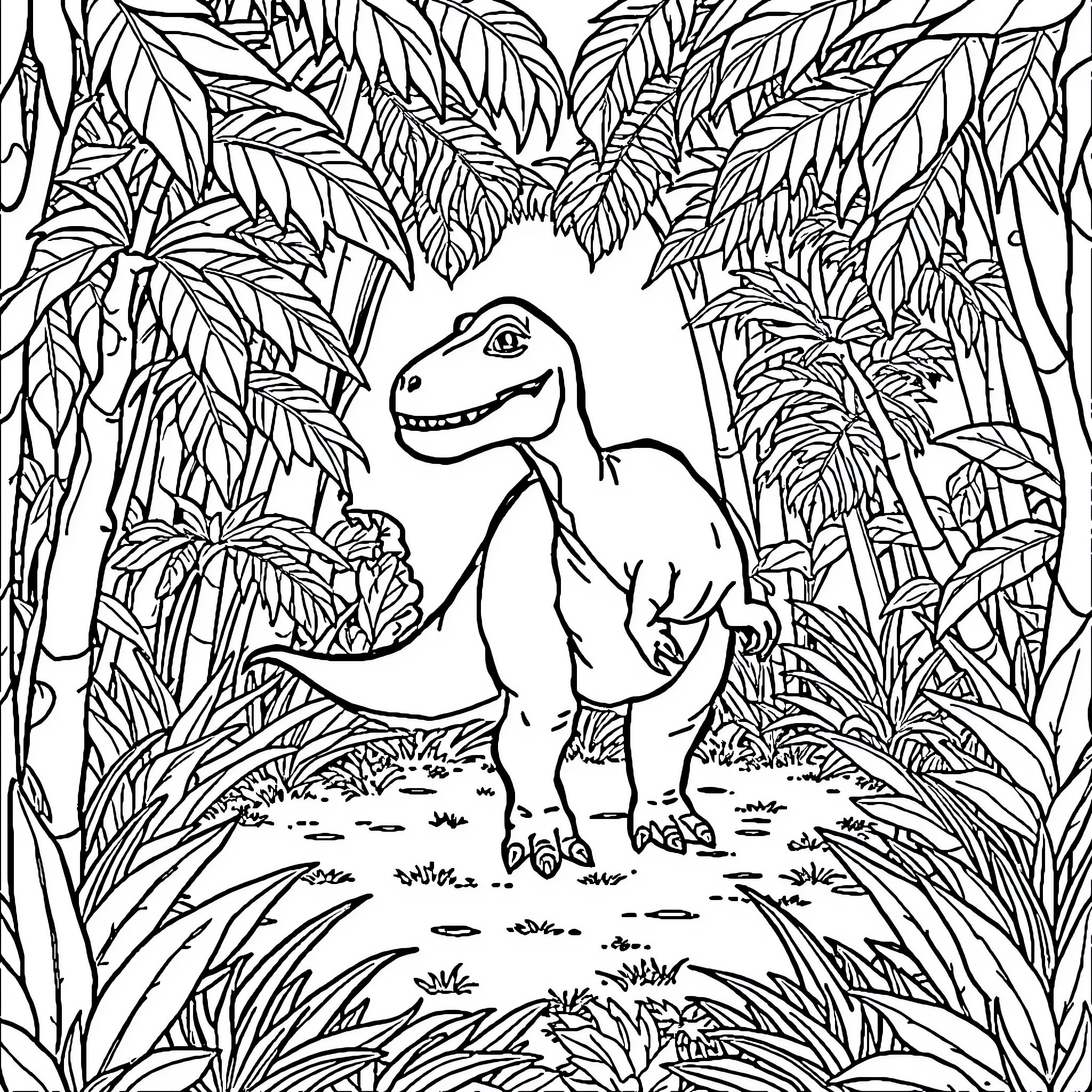 Dinosaur in the Lush Jungle Coloring Page (free black-and-white line drawing printable PDF for all, from beginners to advanced learners, including children, teens, adults, and seniors)