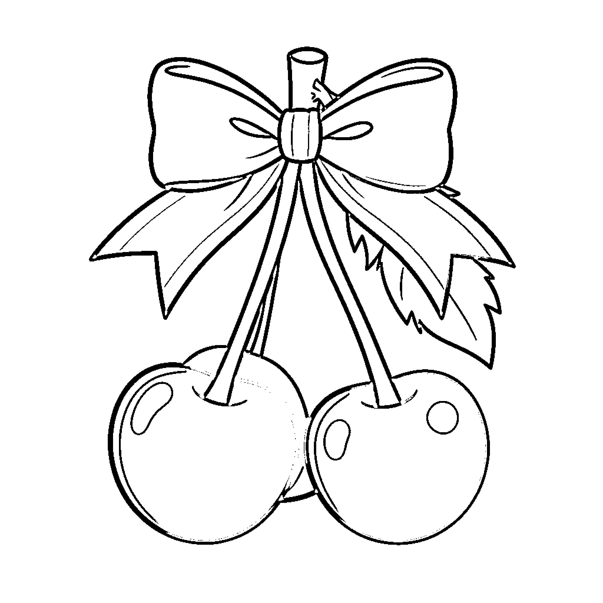 Cherry Ornament with Festive Bow Coloring Page (free black-and-white line drawing printable PDF for all, from beginners to advanced learners, including children, teens, adults, and seniors)