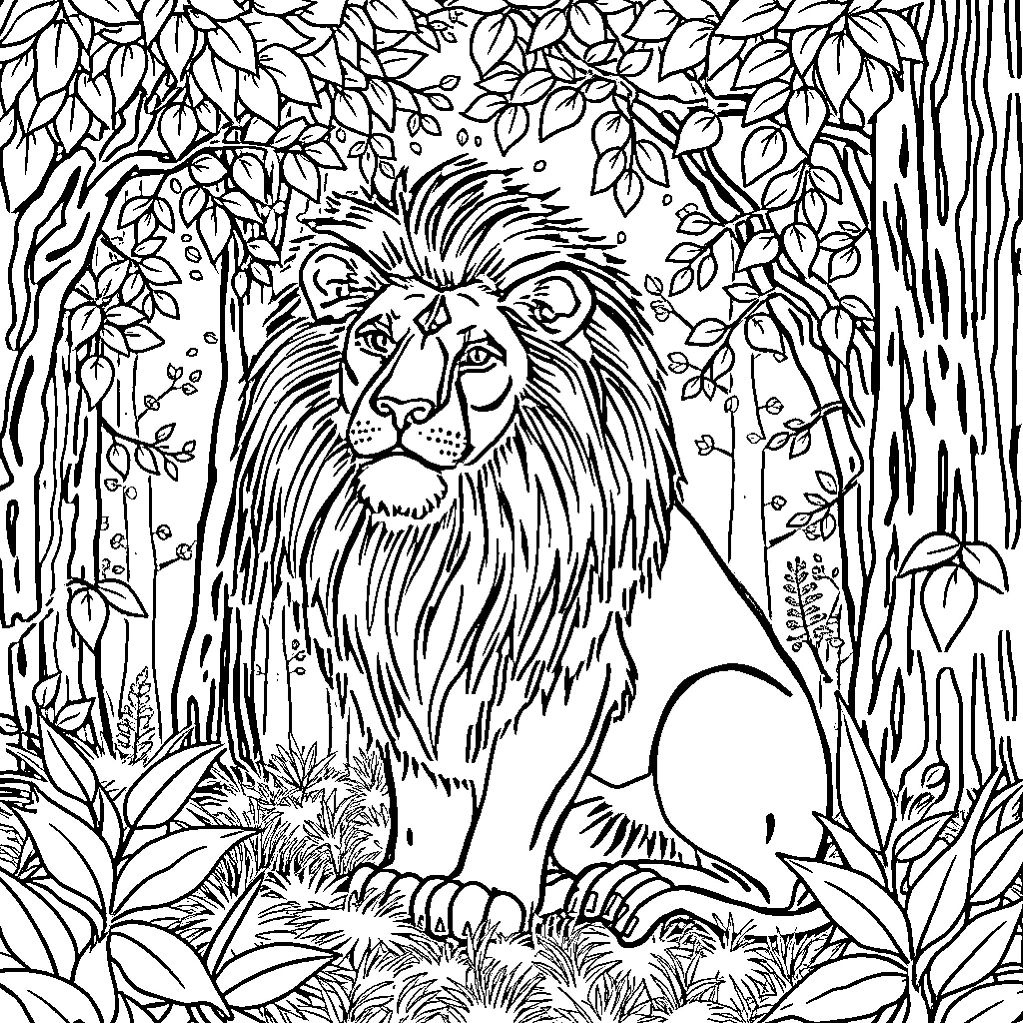 Leon the majestic lion in the lush wilderness Coloring Page (free black-and-white line drawing printable PDF for all, from beginners to advanced learners, including children, teens, adults, and seniors)