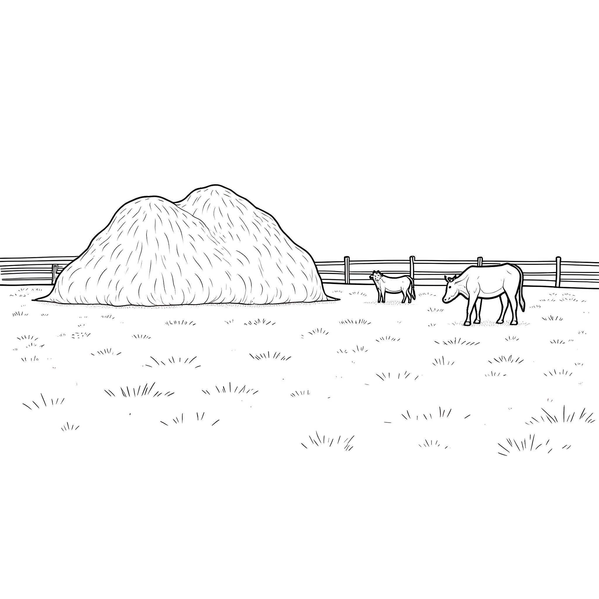 Cows grazing in a rural pasture Coloring Page (free black-and-white line drawing printable PDF for all, from beginners to advanced learners, including children, teens, adults, and seniors)