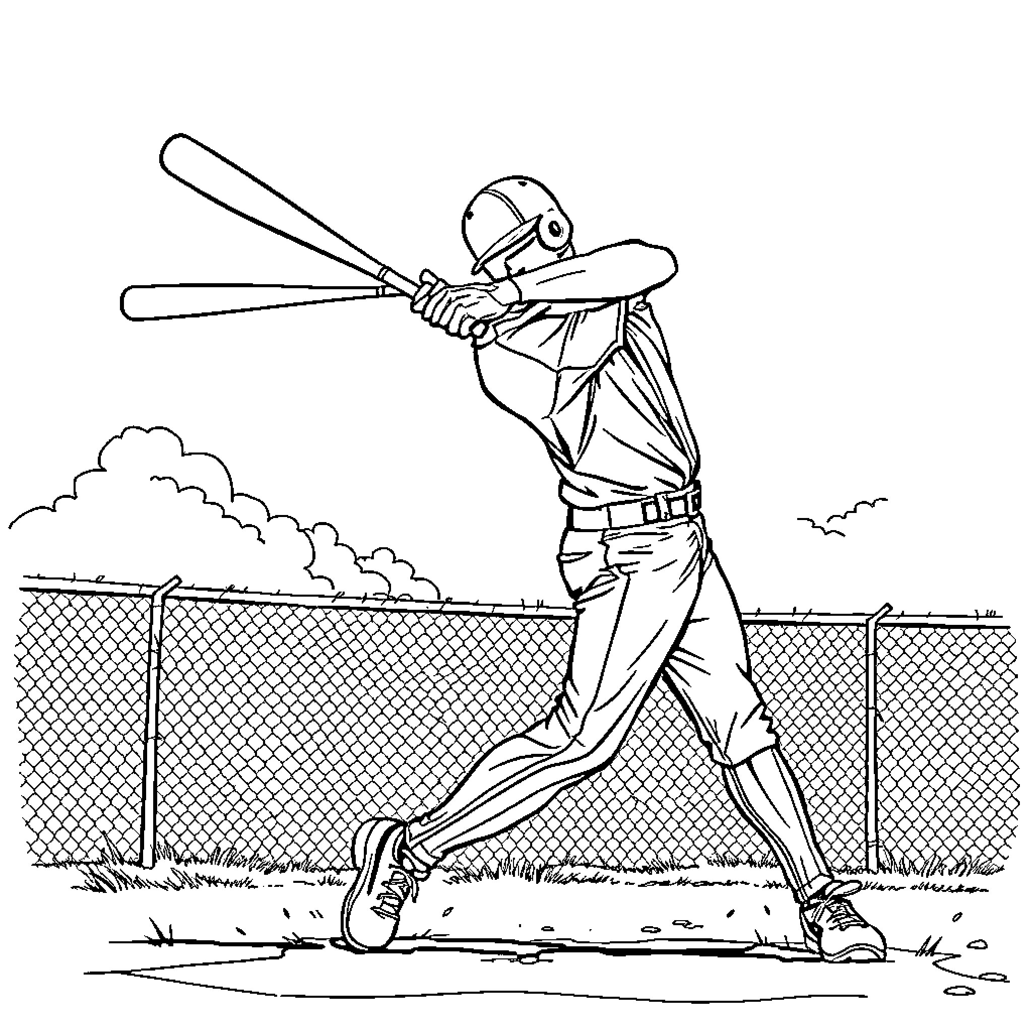 Baseball Player Batting at the Plate Coloring Page (free black-and-white line drawing printable PDF for all, from beginners to advanced learners, including children, teens, adults, and seniors)