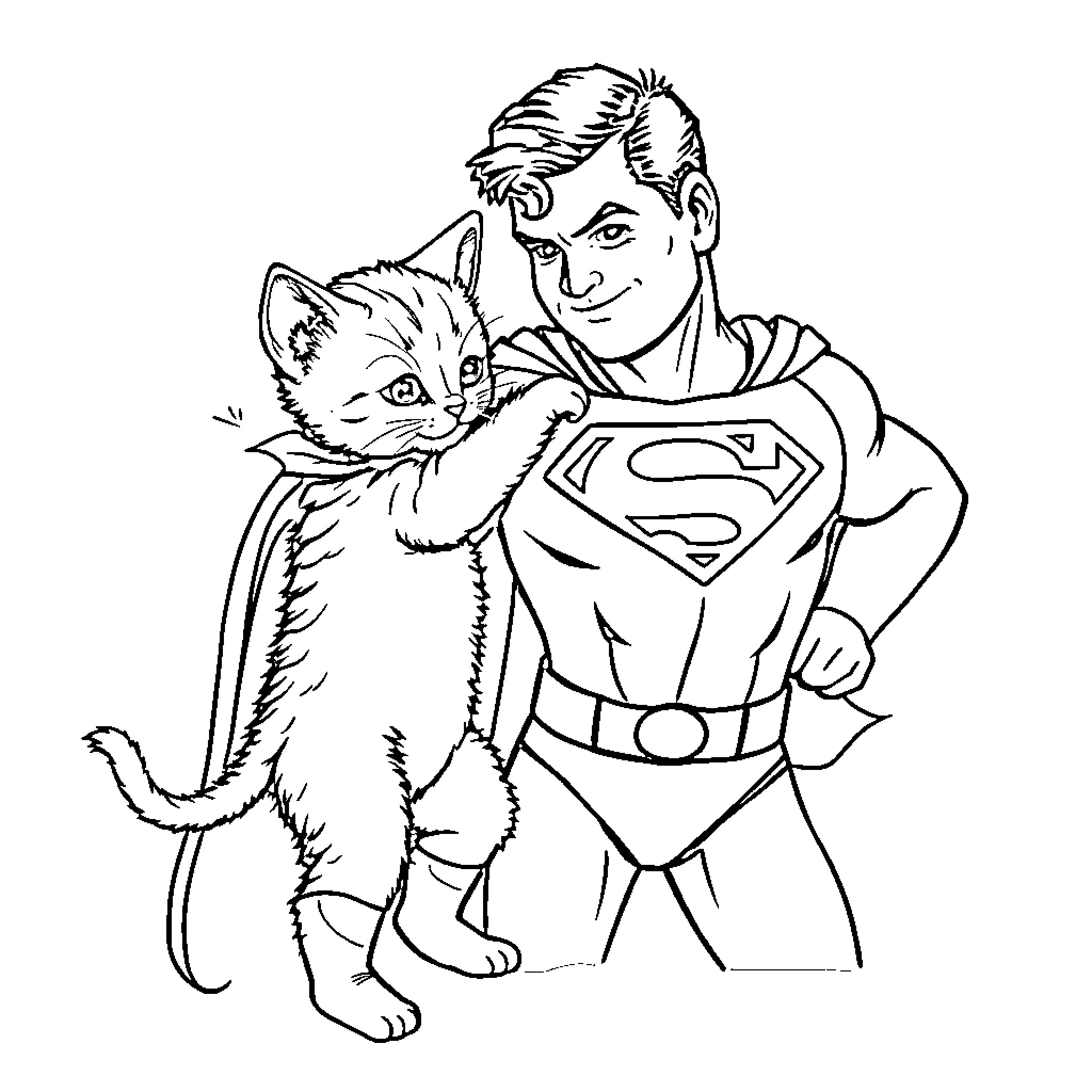 Kitten cuddled by a superhero Coloring Page (free black-and-white line drawing printable PDF for all, from beginners to advanced learners, including children, teens, adults, and seniors)