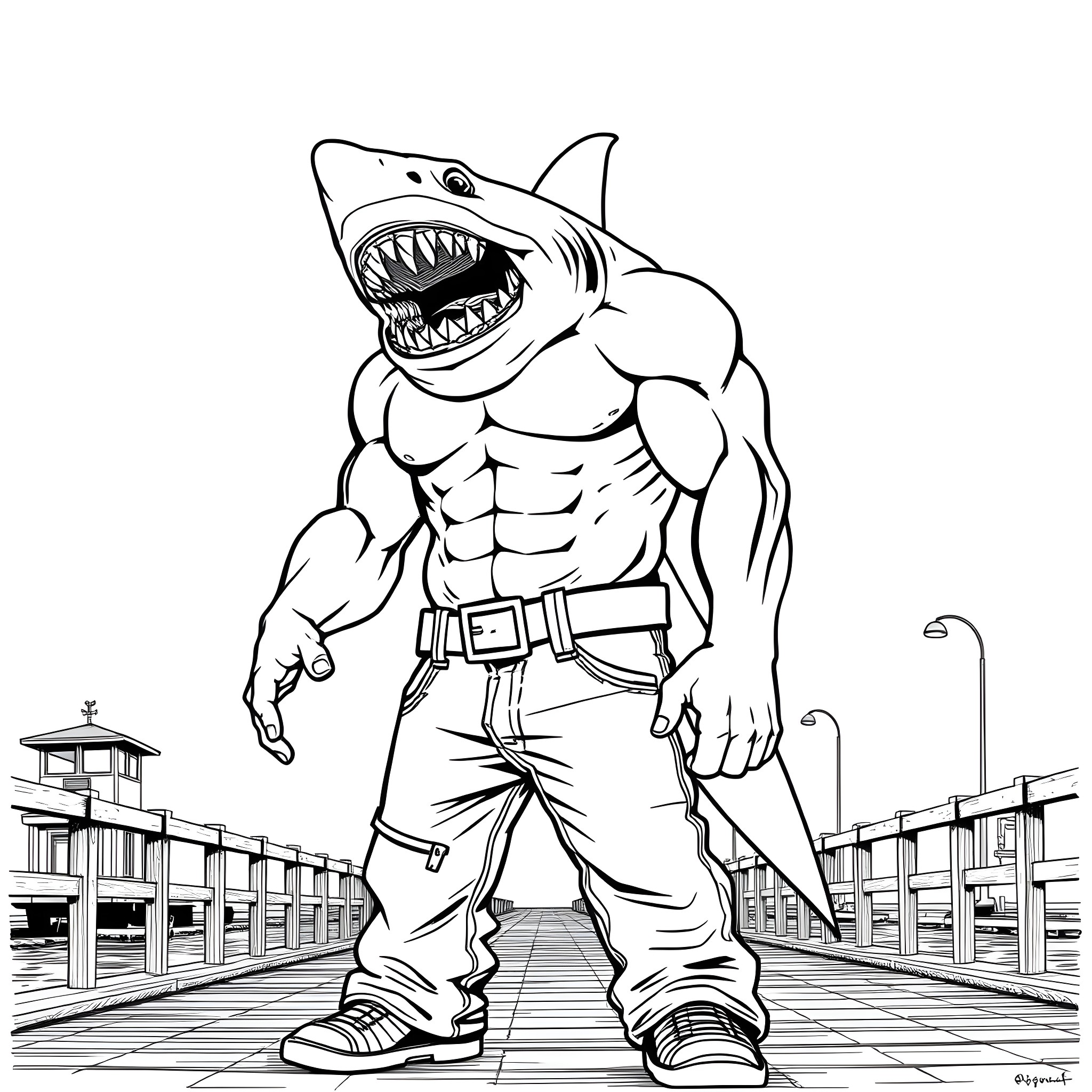 Shark-themed muscular warrior standing on a pier Coloring Page (free black-and-white line drawing printable PDF for all, from beginners to advanced learners, including children, teens, adults, and seniors)