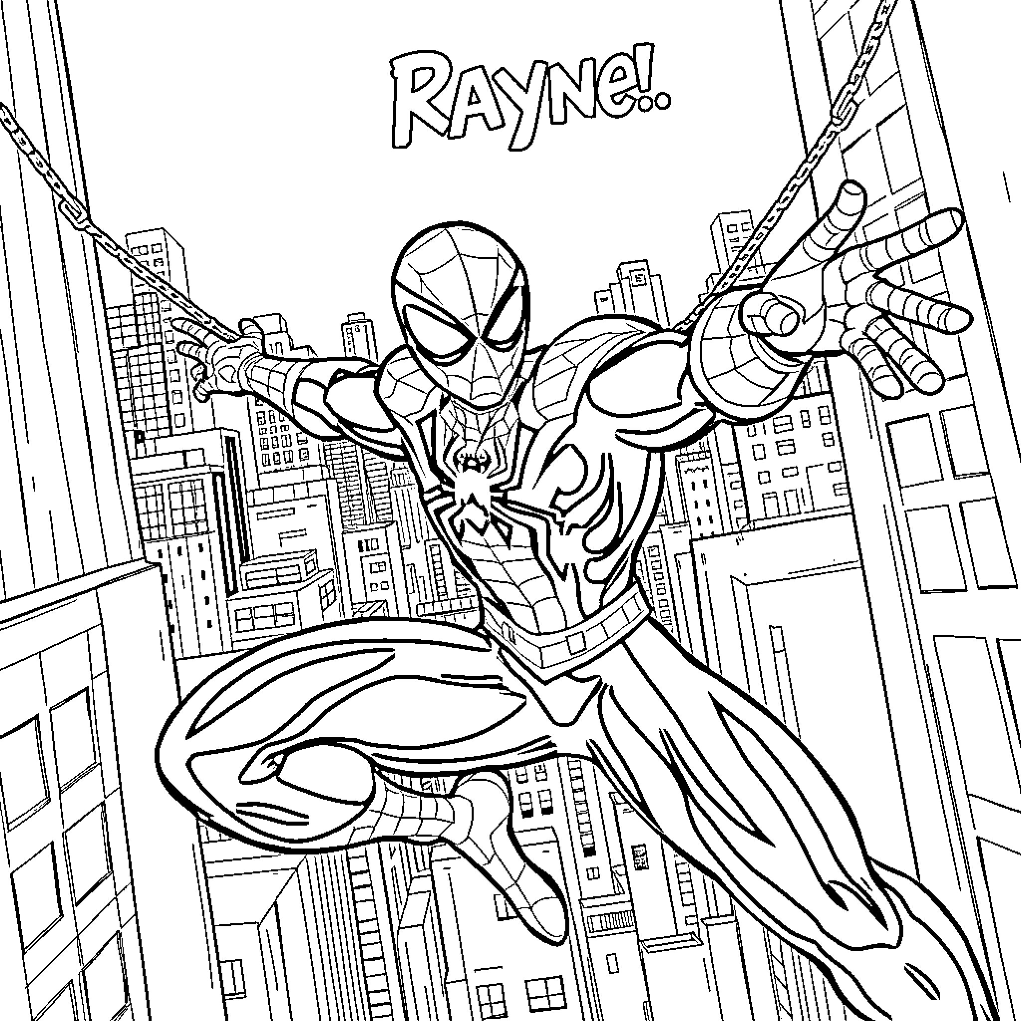 Spider-Man swinging through the city with action Coloring Page (free black-and-white line drawing printable PDF for all, from beginners to advanced learners, including children, teens, adults, and seniors)