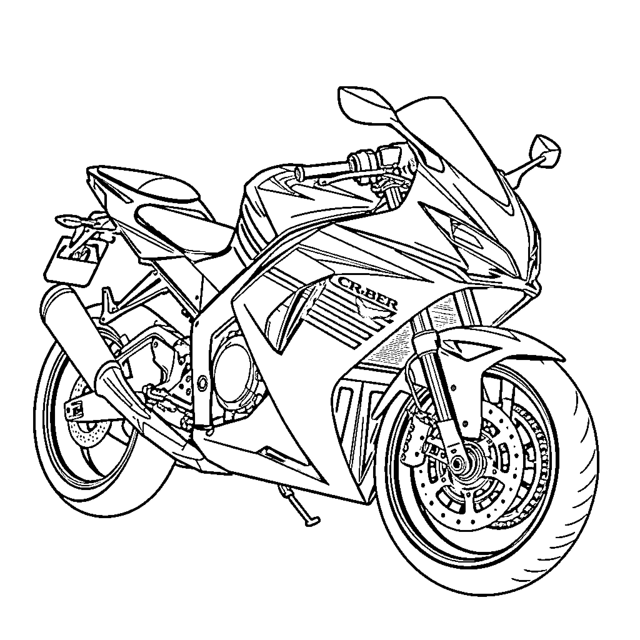 Honda CBR 600 RR motorcycle in outline drawing Coloring Page (free black-and-white line drawing printable PDF for all, from beginners to advanced learners, including children, teens, adults, and seniors)