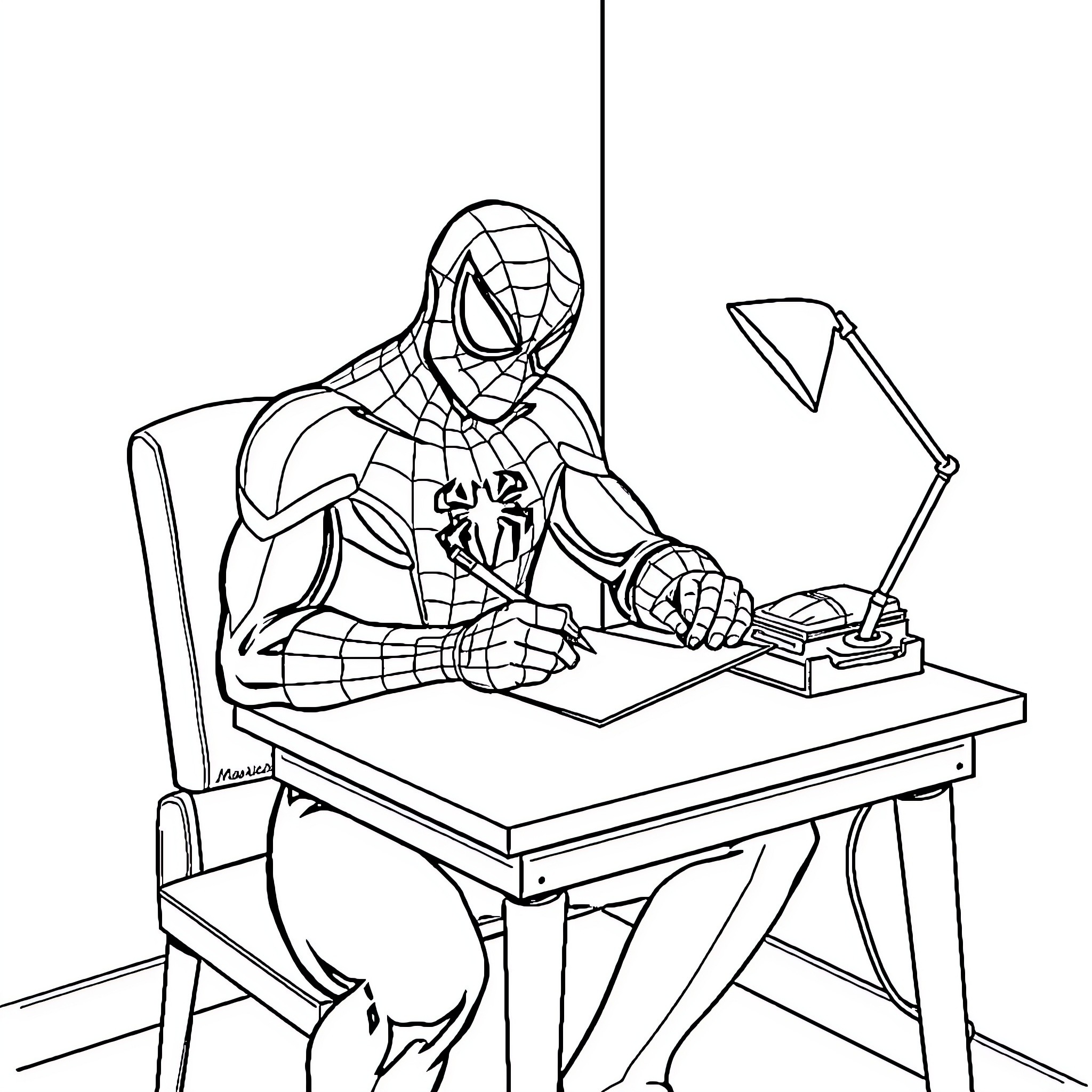 Spider-Man working diligently at his desk Coloring Page (free black-and-white line drawing printable PDF for all, from beginners to advanced learners, including children, teens, adults, and seniors)