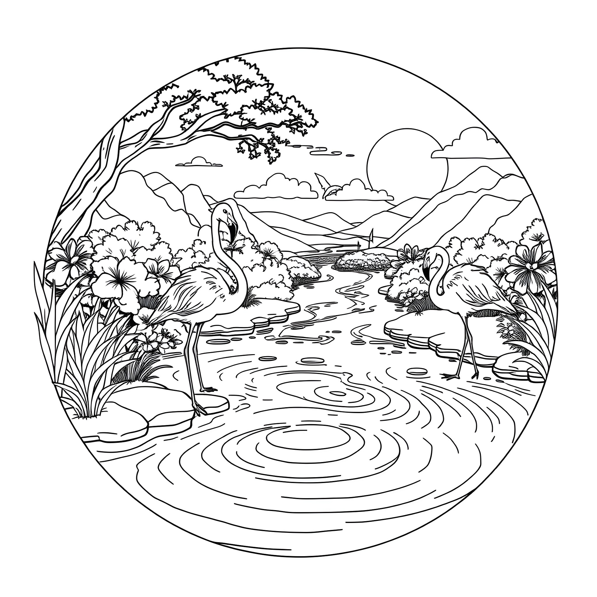 Flamingos in a Tranquil Landscape Coloring Page (free black-and-white line drawing printable PDF for all, from beginners to advanced learners, including children, teens, adults, and seniors)
