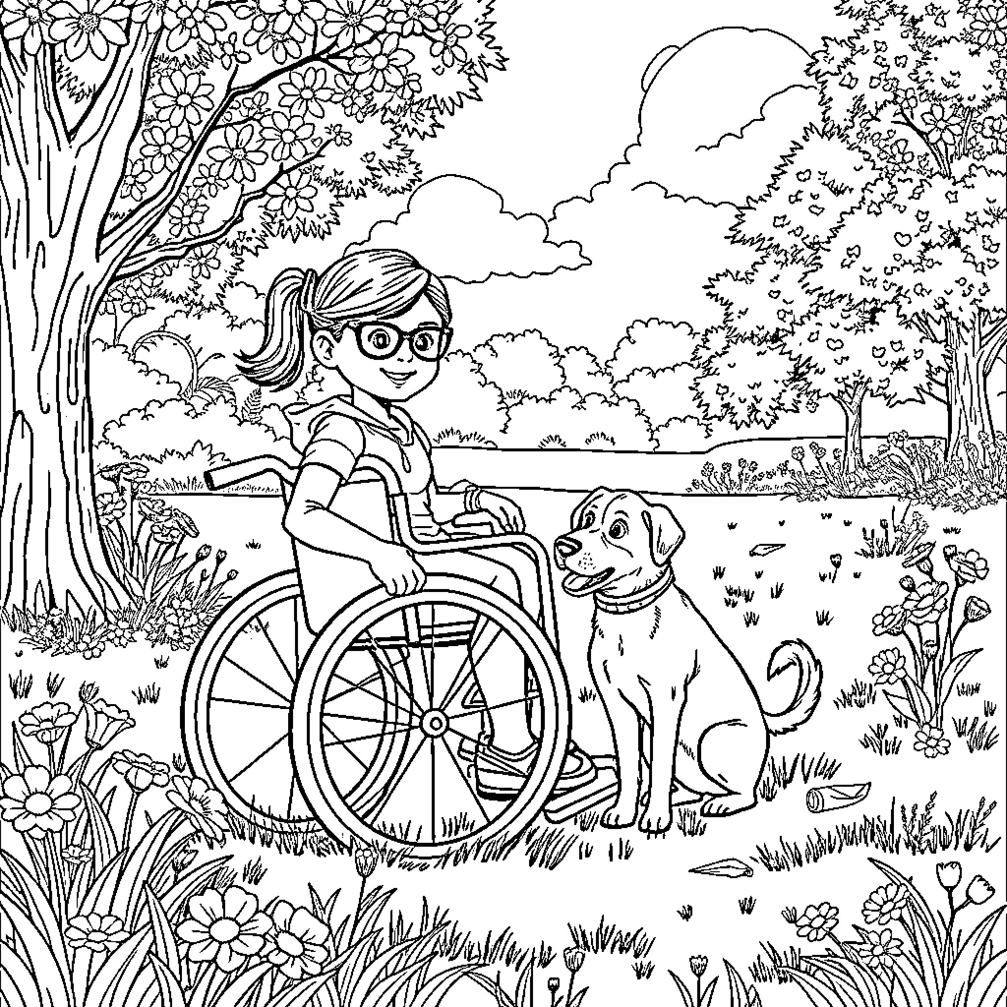 Girl in Wheelchair Enjoying Nature with Pet Dog Coloring Page (free black-and-white line drawing printable PDF for all, from beginners to advanced learners, including children, teens, adults, and seniors)