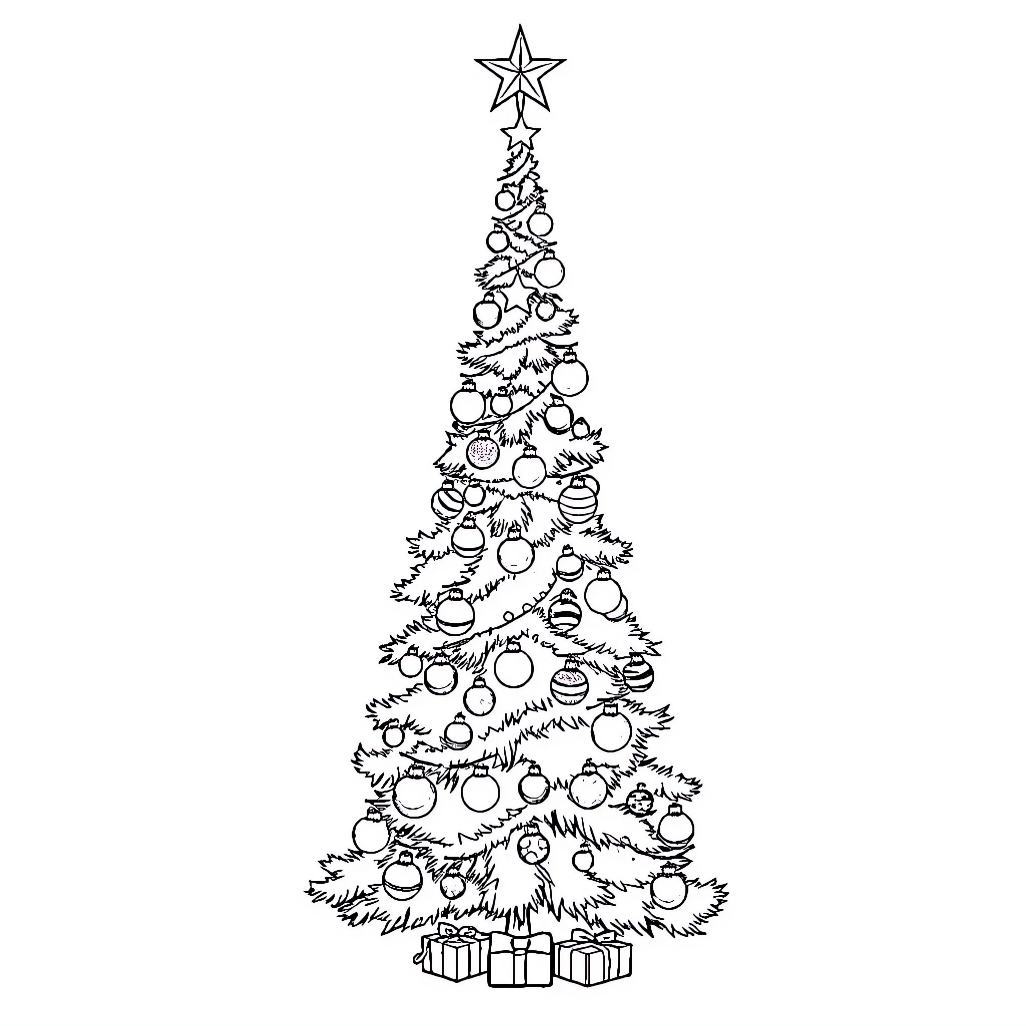 Christmas Tree Decorated with Ornaments and Gifts Coloring Page (free black-and-white line drawing printable PDF for all, from beginners to advanced learners, including children, teens, adults, and seniors)