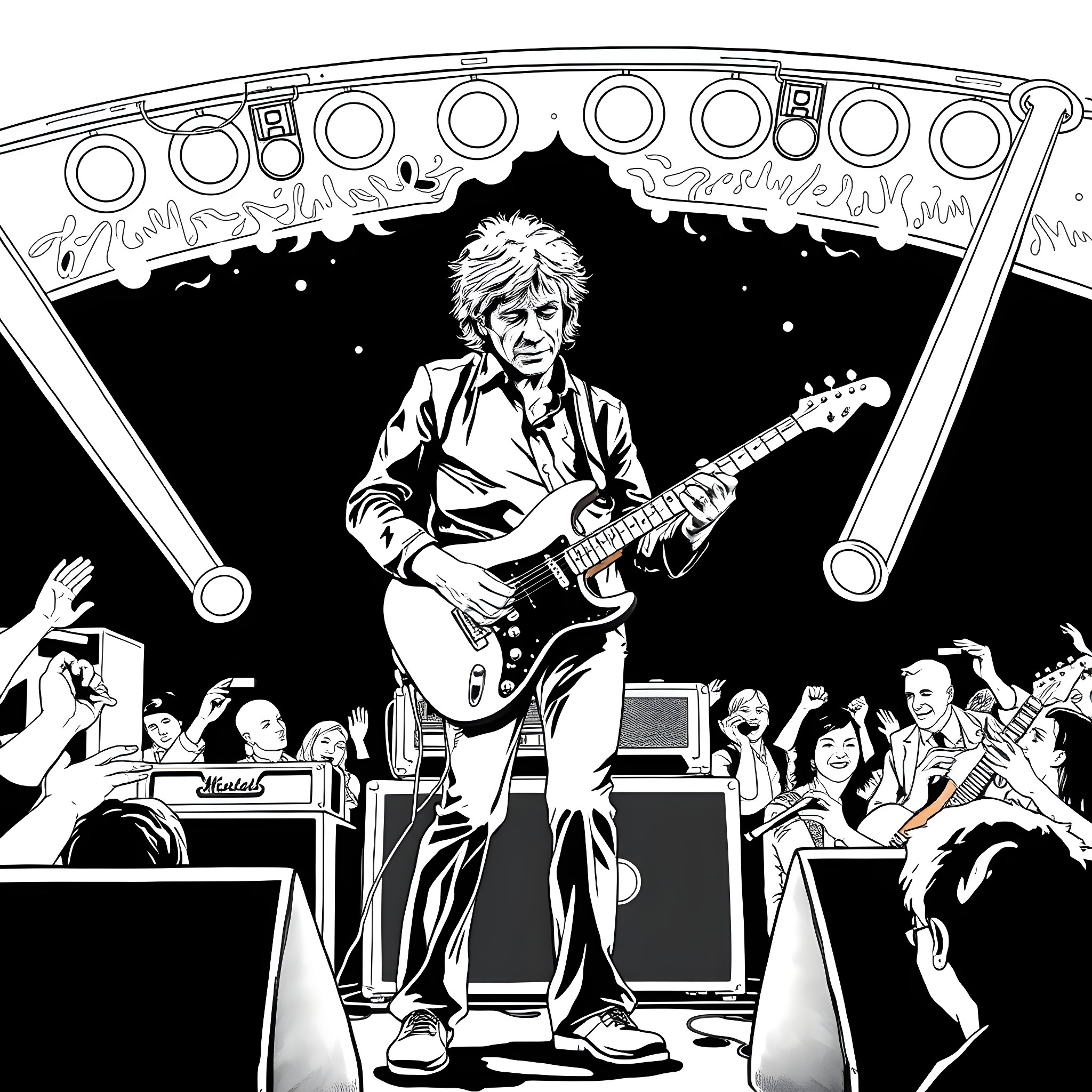Keith Richards rocking out on stage with adoring crowd Coloring Page (free black-and-white line drawing printable PDF for all, from beginners to advanced learners, including children, teens, adults, and seniors)