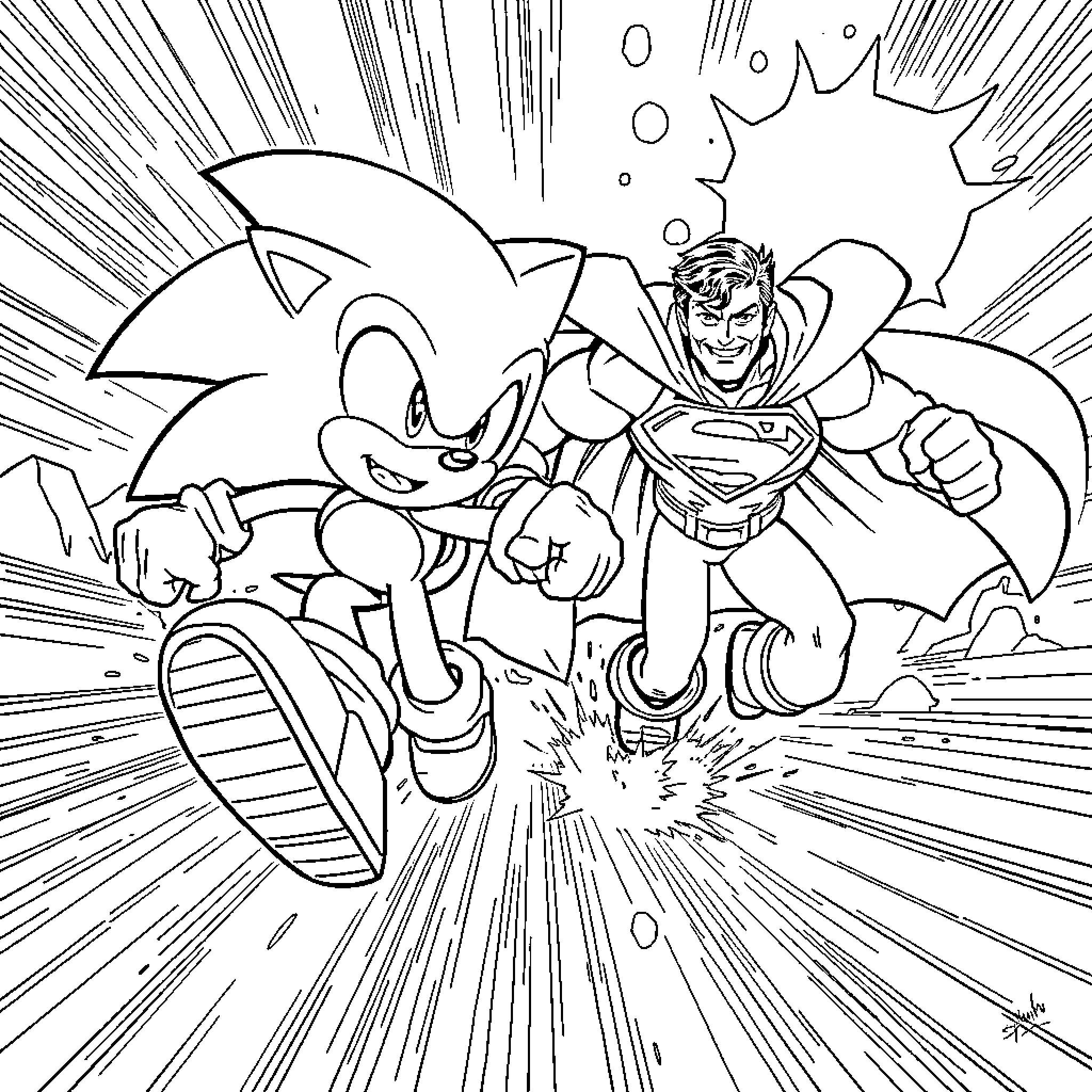 Sonic vs Superman in epic confrontation Coloring Page (free black-and-white line drawing printable PDF for all, from beginners to advanced learners, including children, teens, adults, and seniors)