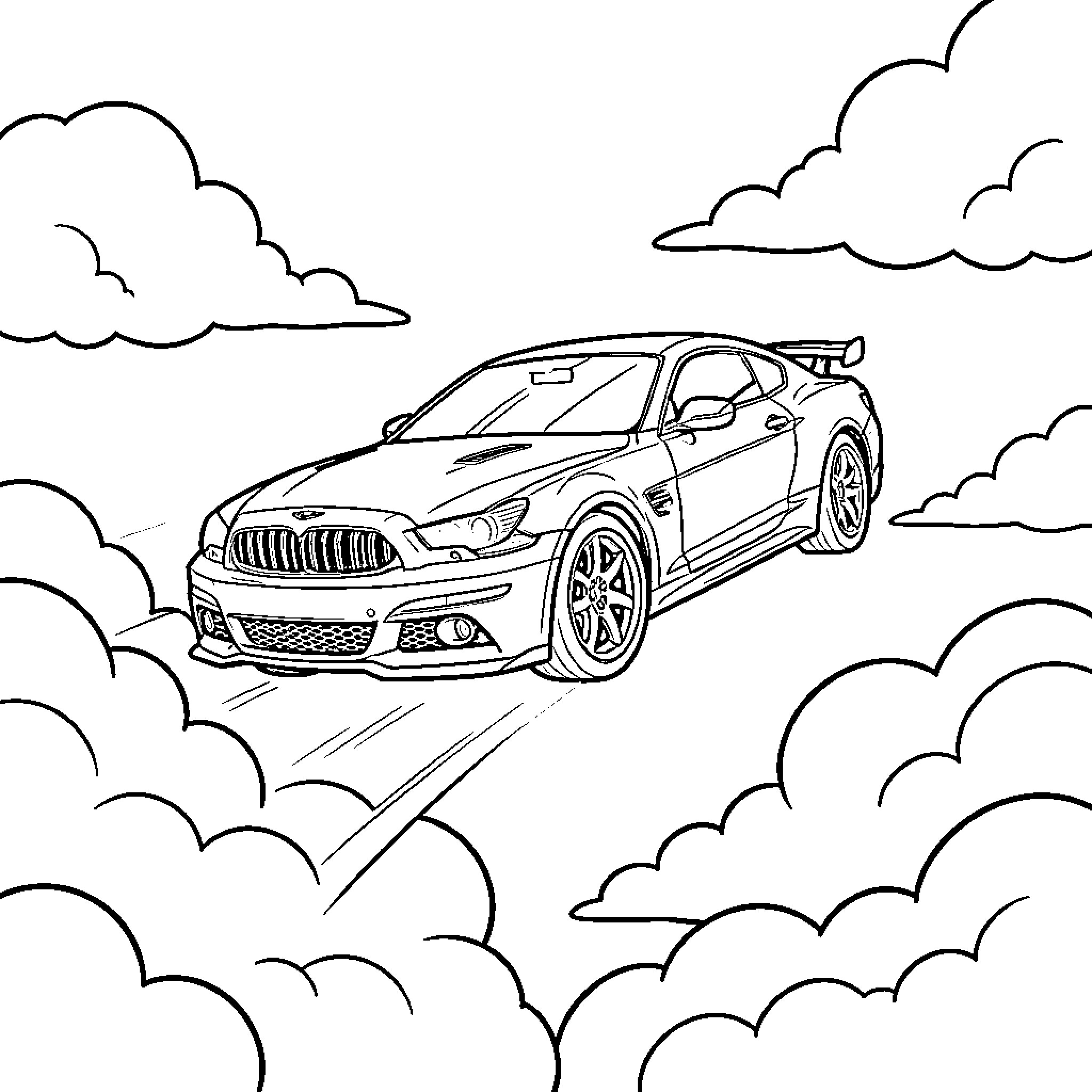 Flying Car speeding through cloudy skies Coloring Page (free black-and-white line drawing printable PDF for all, from beginners to advanced learners, including children, teens, adults, and seniors)
