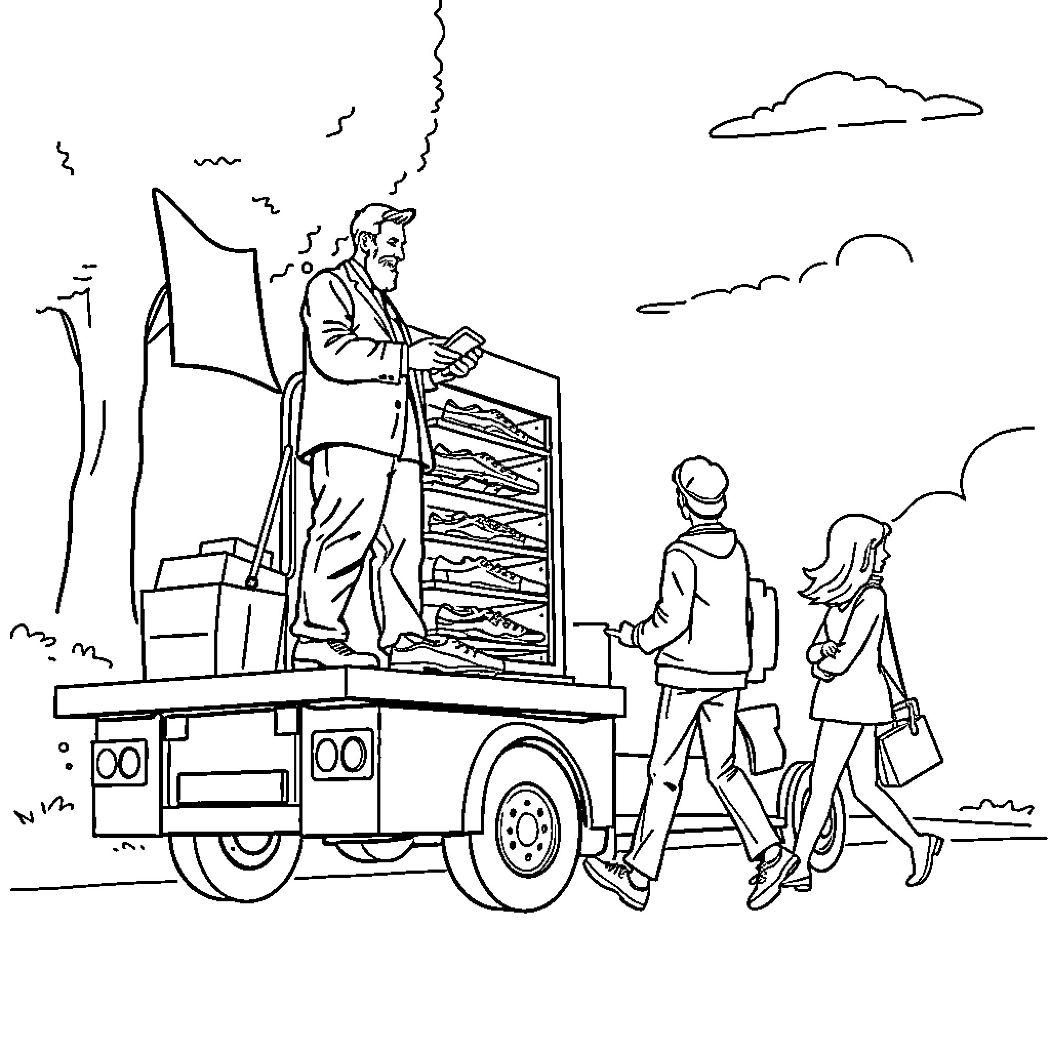 Shoe delivery service in the city Coloring Page (free black-and-white line drawing printable PDF for all, from beginners to advanced learners, including children, teens, adults, and seniors)