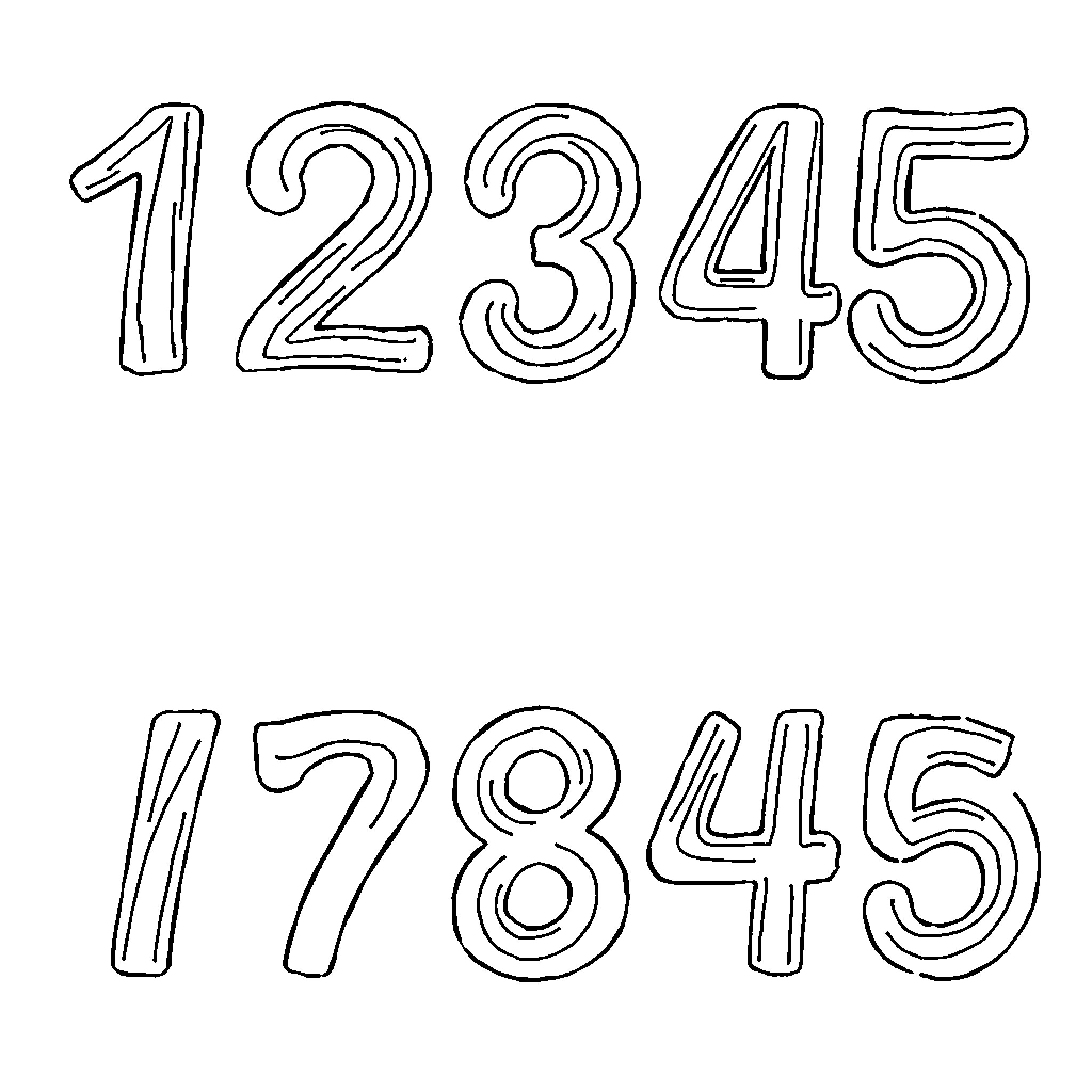 Number Line of Hand-Drawn Numerals Coloring Page (free black-and-white line drawing printable PDF for all, from beginners to advanced learners, including children, teens, adults, and seniors)