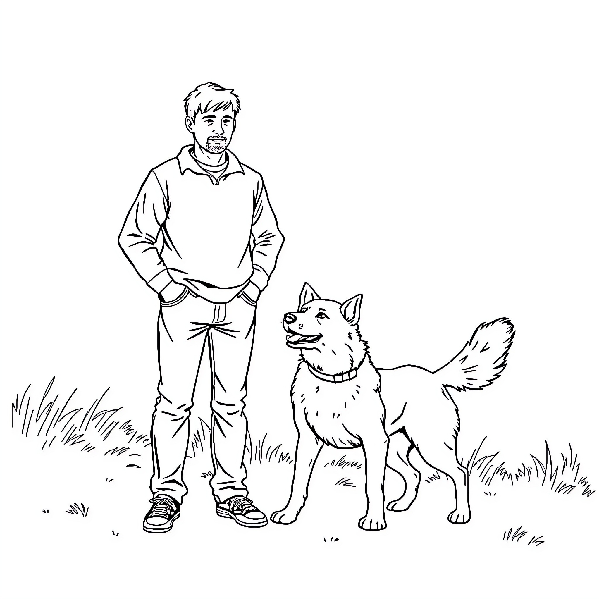 Man walking with his friendly dog in the park Coloring Page (free black-and-white line drawing printable PDF for all, from beginners to advanced learners, including children, teens, adults, and seniors)