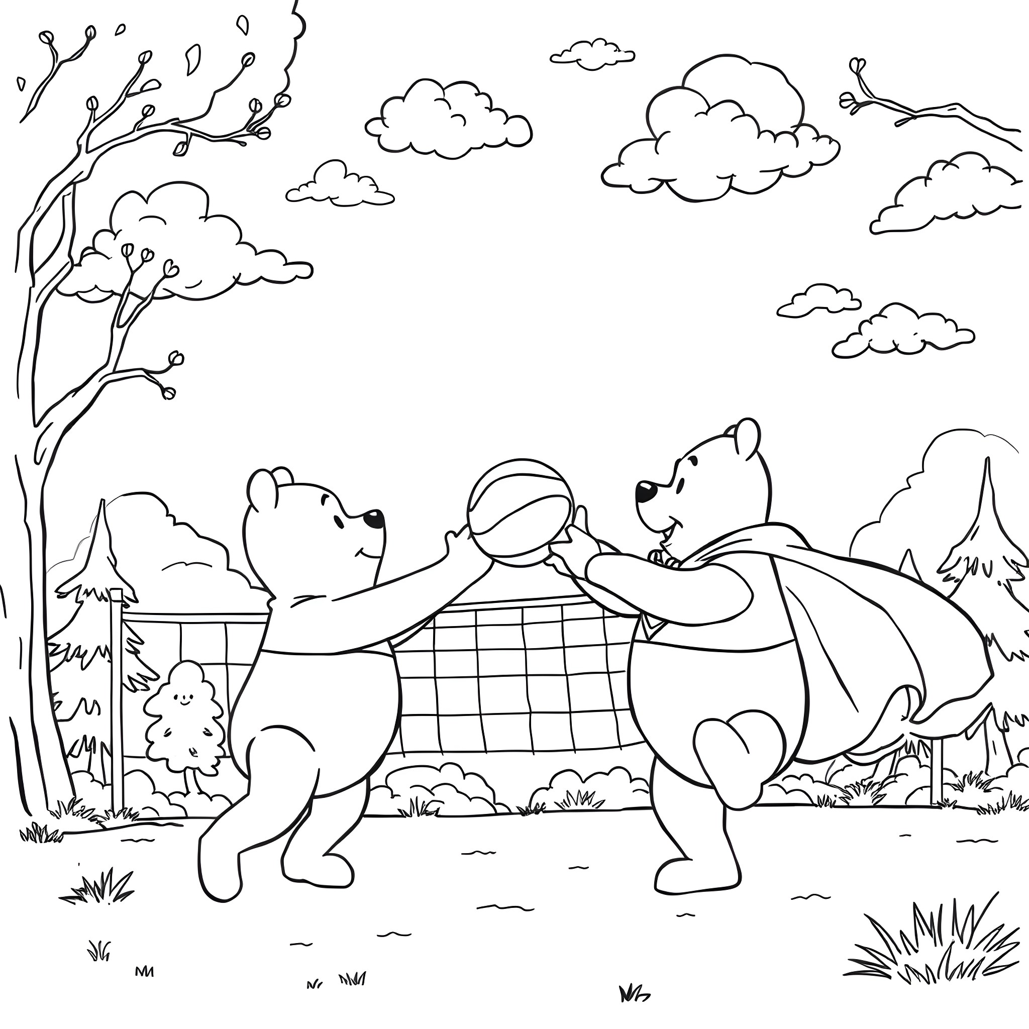 Winnie The Pooh playing with friends in the park Coloring Page (free black-and-white line drawing printable PDF for all, from beginners to advanced learners, including children, teens, adults, and seniors)