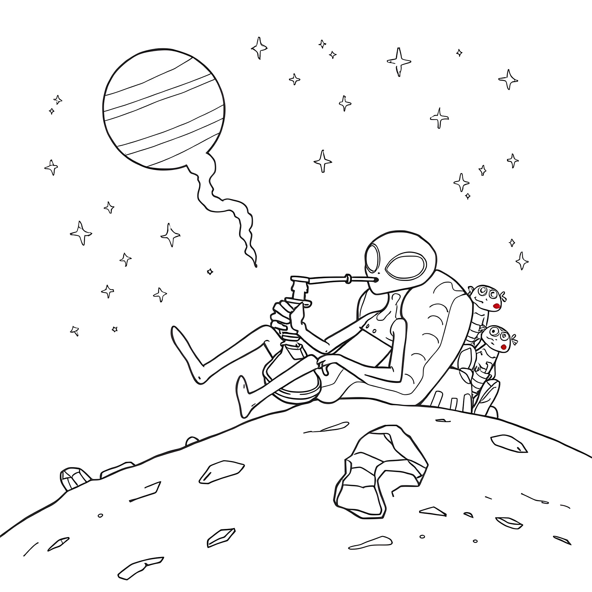 Alien astronauts exploring a distant planet Coloring Page (free black-and-white line drawing printable PDF for all, from beginners to advanced learners, including children, teens, adults, and seniors)