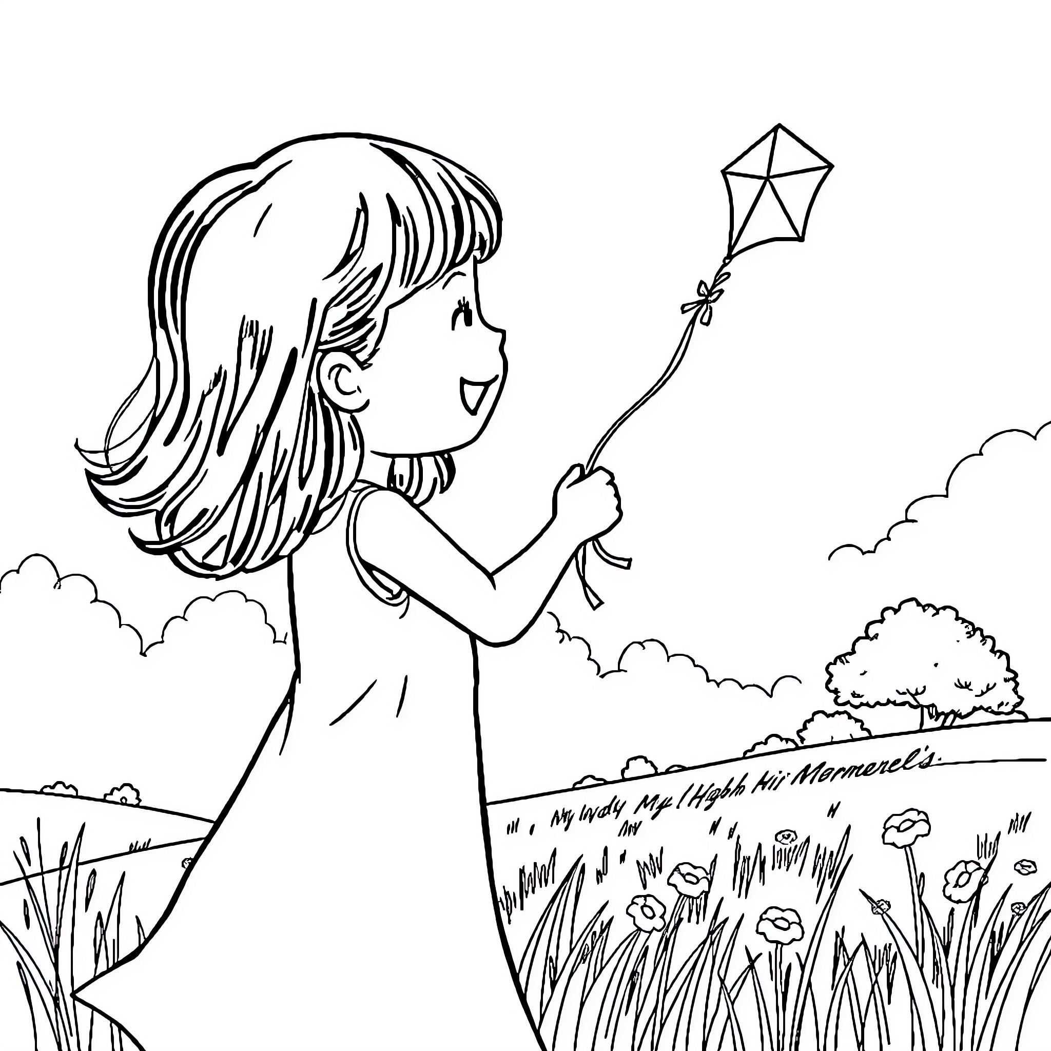 Girl flying a kite in the countryside Coloring Page (free black-and-white line drawing printable PDF for all, from beginners to advanced learners, including children, teens, adults, and seniors)