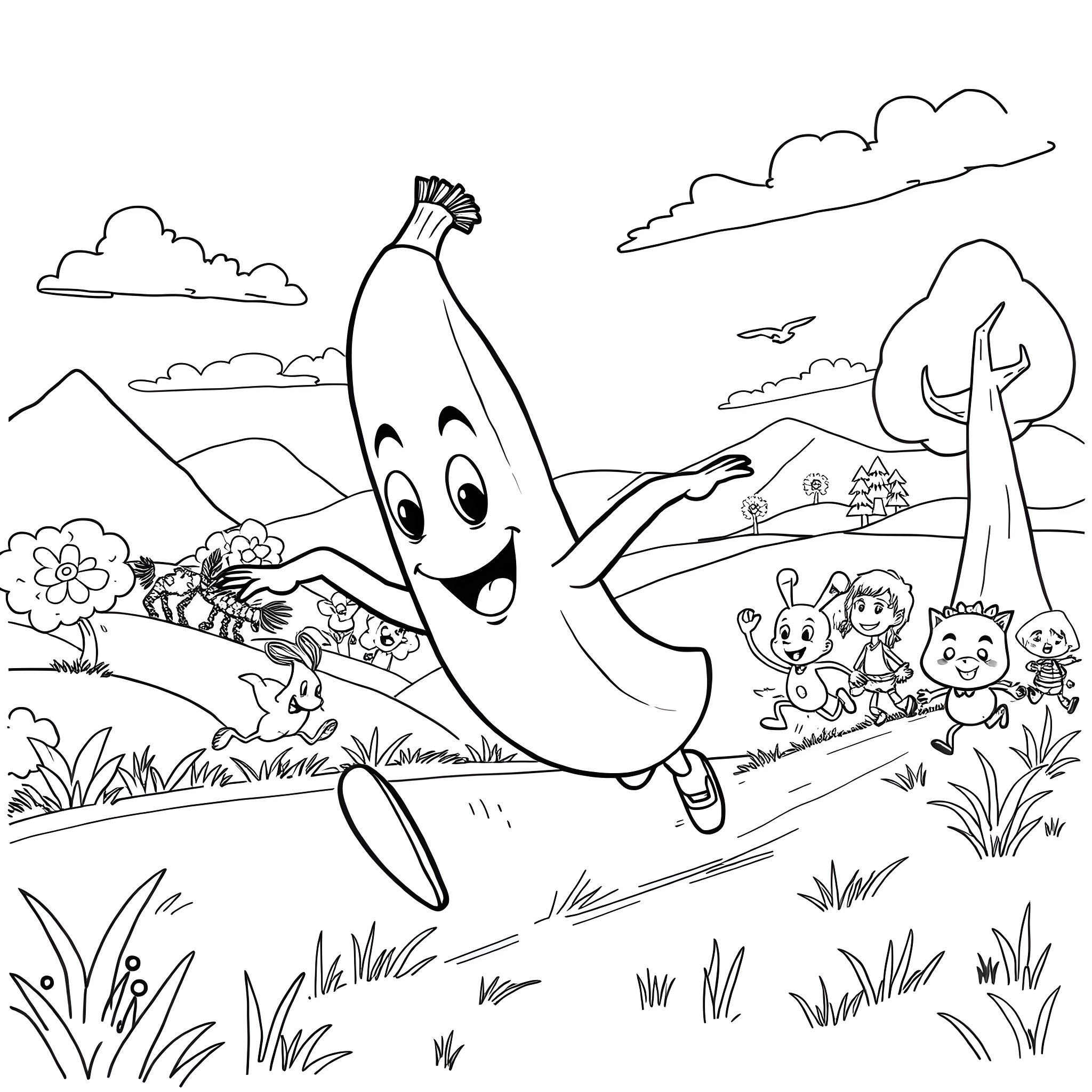 Banana happily dancing with kids in a countryside scene Coloring Page (free black-and-white line drawing printable PDF for all, from beginners to advanced learners, including children, teens, adults, and seniors)