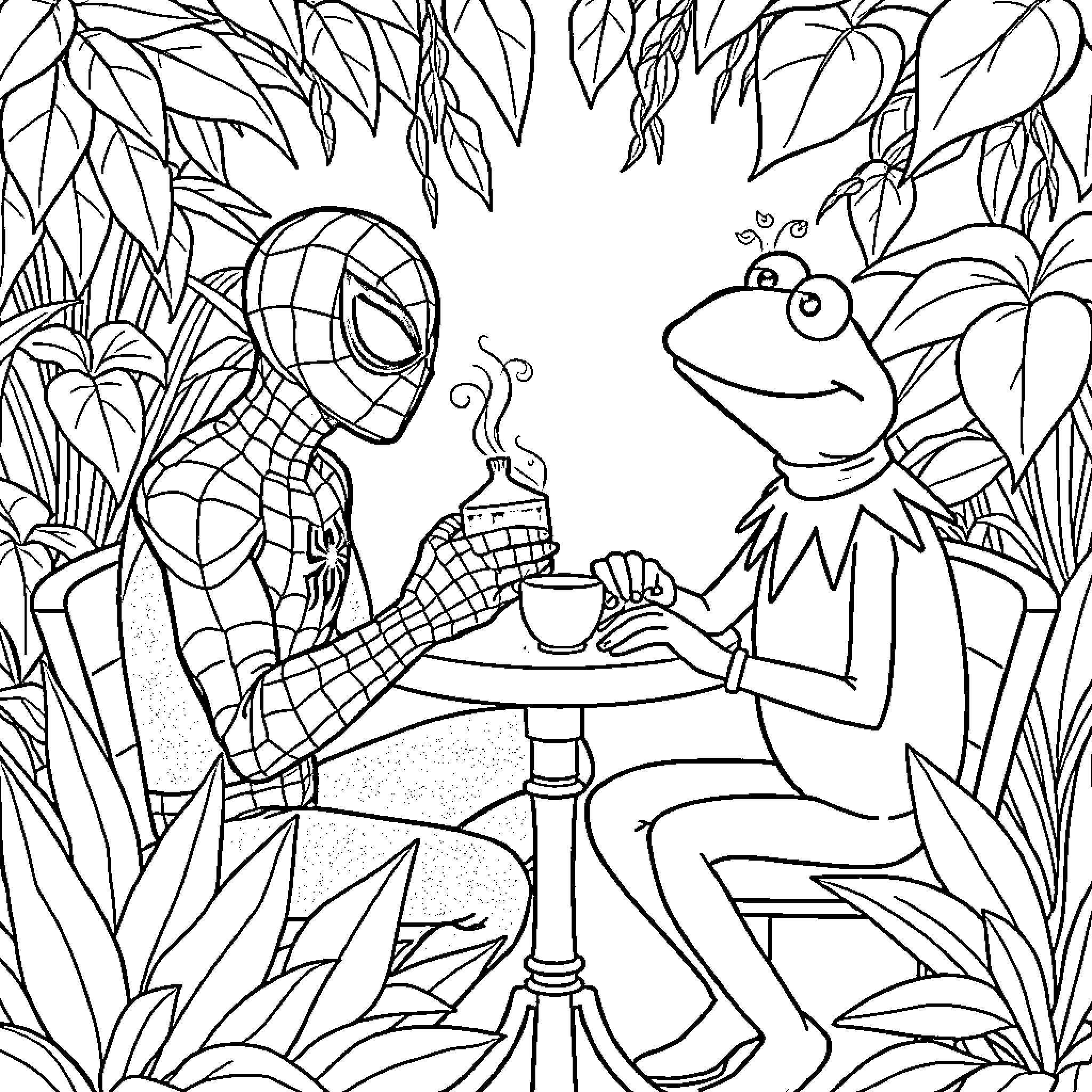 Spiderman enjoying a break with a frog friend Coloring Page (free black-and-white line drawing printable PDF for all, from beginners to advanced learners, including children, teens, adults, and seniors)