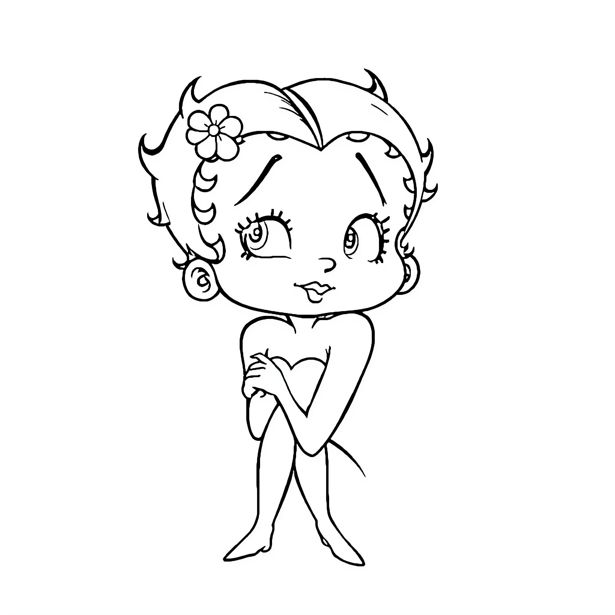 Betty Boop's Whimsical Pose Coloring Page (free black-and-white line drawing printable PDF for all, from beginners to advanced learners, including children, teens, adults, and seniors)