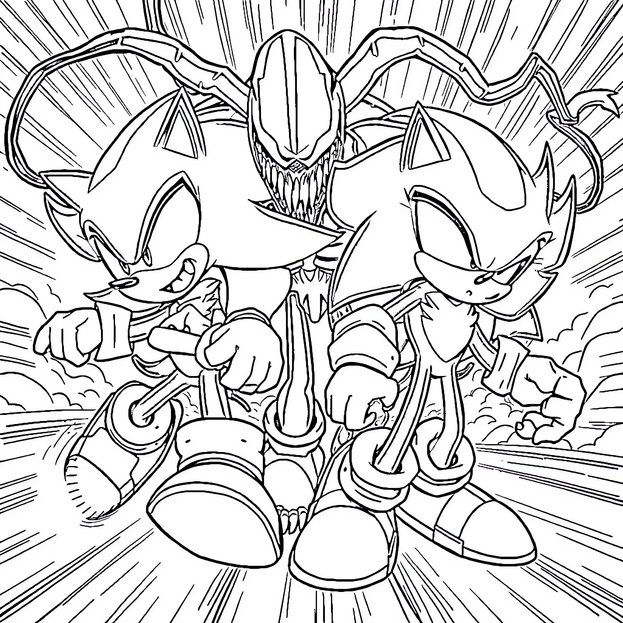 Sonic and friends battling a formidable foe Coloring Page (free black-and-white line drawing printable PDF for all, from beginners to advanced learners, including children, teens, adults, and seniors)