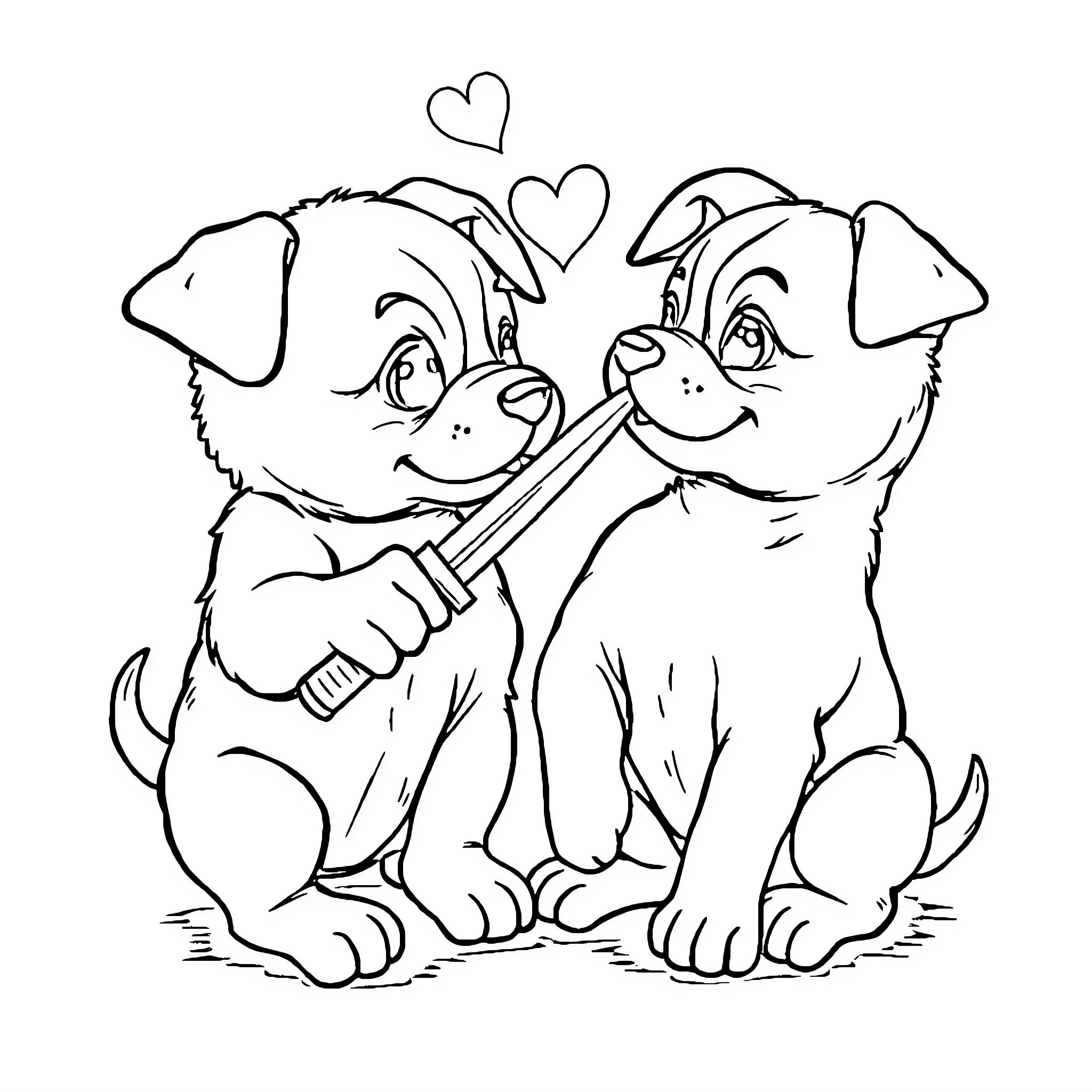 Puppy friends sharing a sweet moment Coloring Page (free black-and-white line drawing printable PDF for all, from beginners to advanced learners, including children, teens, adults, and seniors)