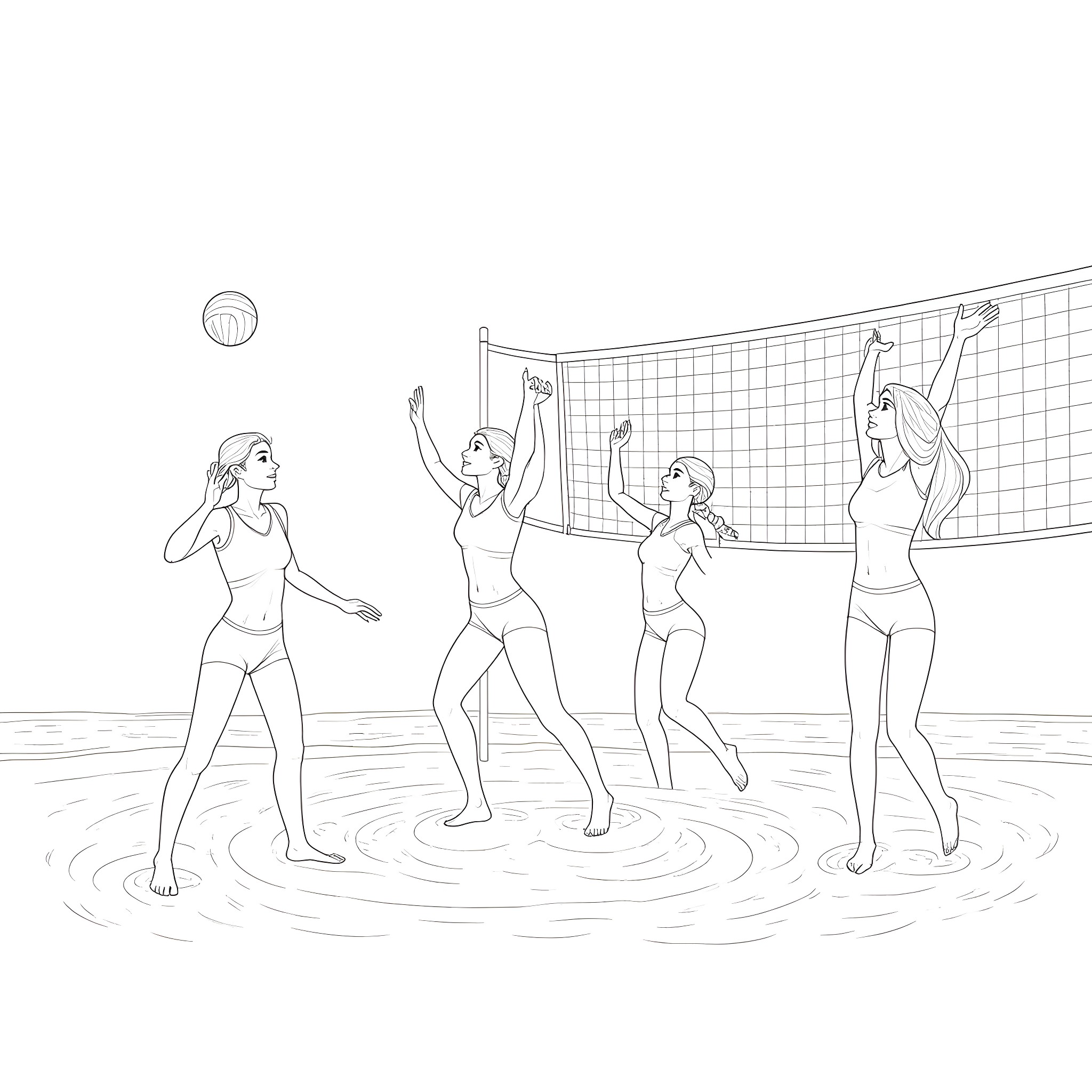 Elsa and friends playing beach volleyball Coloring Page (free black-and-white line drawing printable PDF for all, from beginners to advanced learners, including children, teens, adults, and seniors)