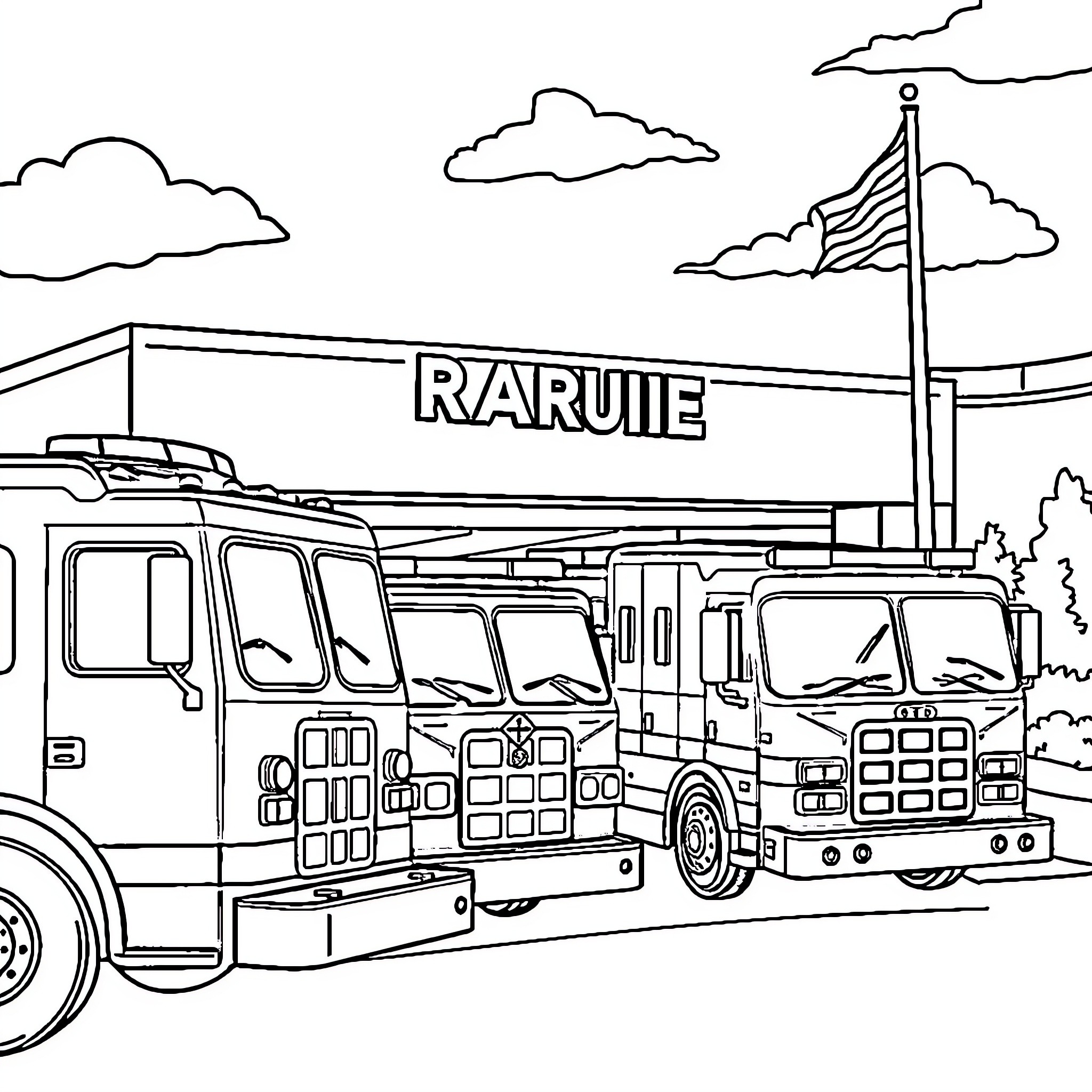 Fire Station with Fire Trucks and Emergency Vehicles Coloring Page (free black-and-white line drawing printable PDF for all, from beginners to advanced learners, including children, teens, adults, and seniors)