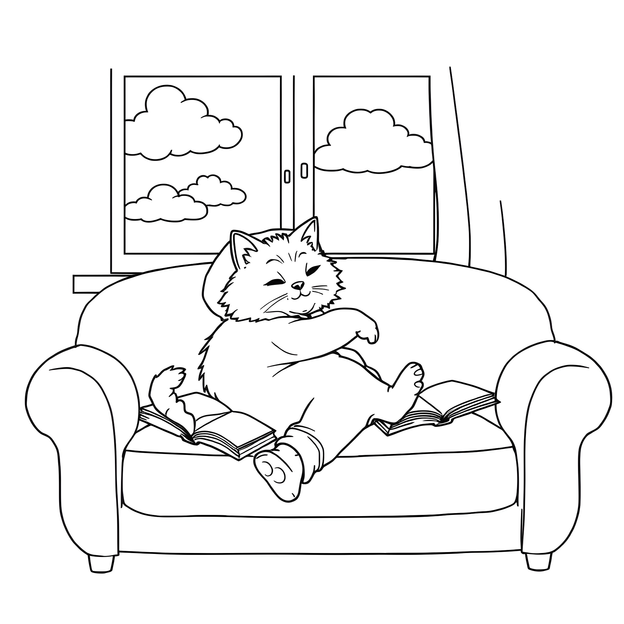 Cat reading a book on the couch Coloring Page (free black-and-white line drawing printable PDF for all, from beginners to advanced learners, including children, teens, adults, and seniors)