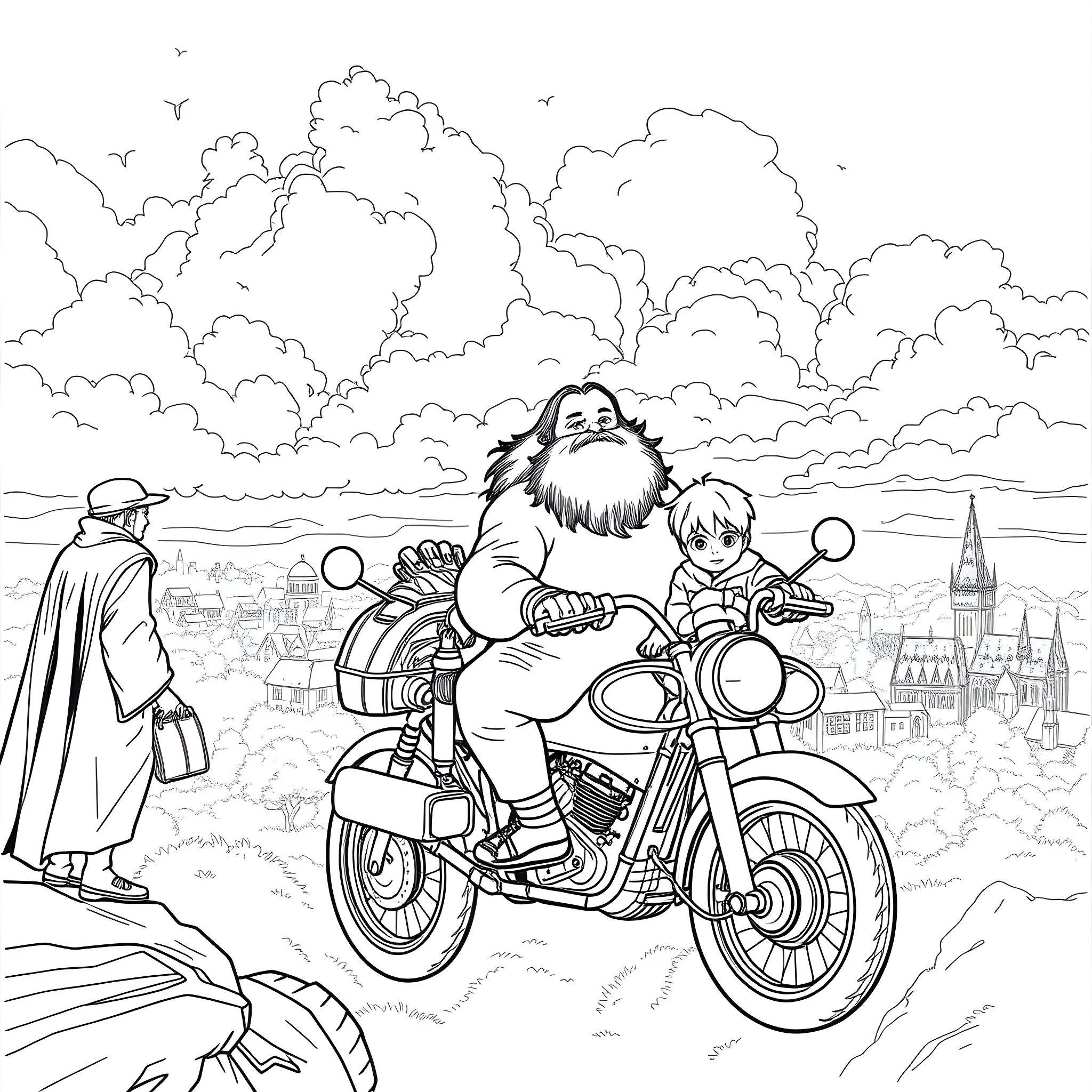 Hagrid riding a motorcycle with a young wizard Coloring Page (free black-and-white line drawing printable PDF for all, from beginners to advanced learners, including children, teens, adults, and seniors)