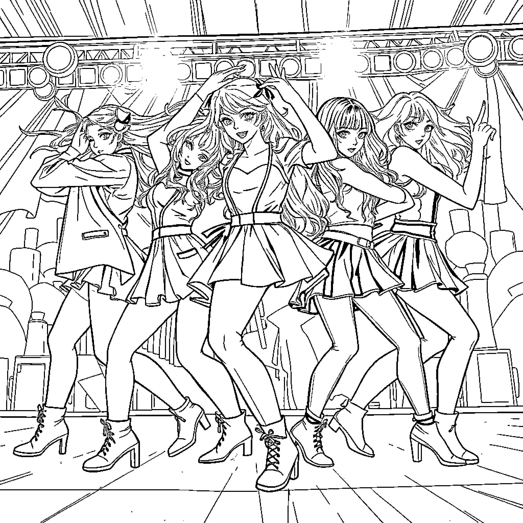 Kpop Warriors Captivating Stage Performance Coloring Page (free black-and-white line drawing printable PDF for all, from beginners to advanced learners, including children, teens, adults, and seniors)
