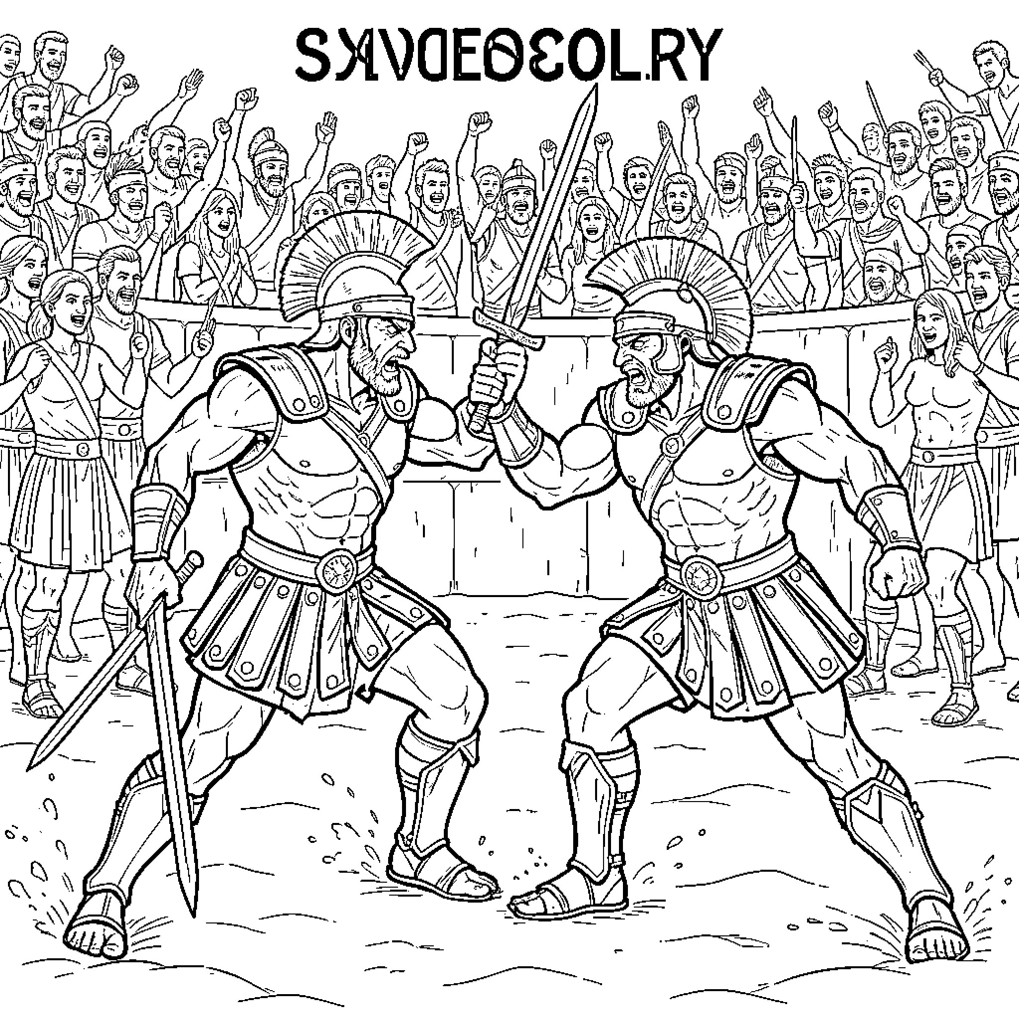 Gladiator warriors clashing in an intense battle Coloring Page (free black-and-white line drawing printable PDF for all, from beginners to advanced learners, including children, teens, adults, and seniors)
