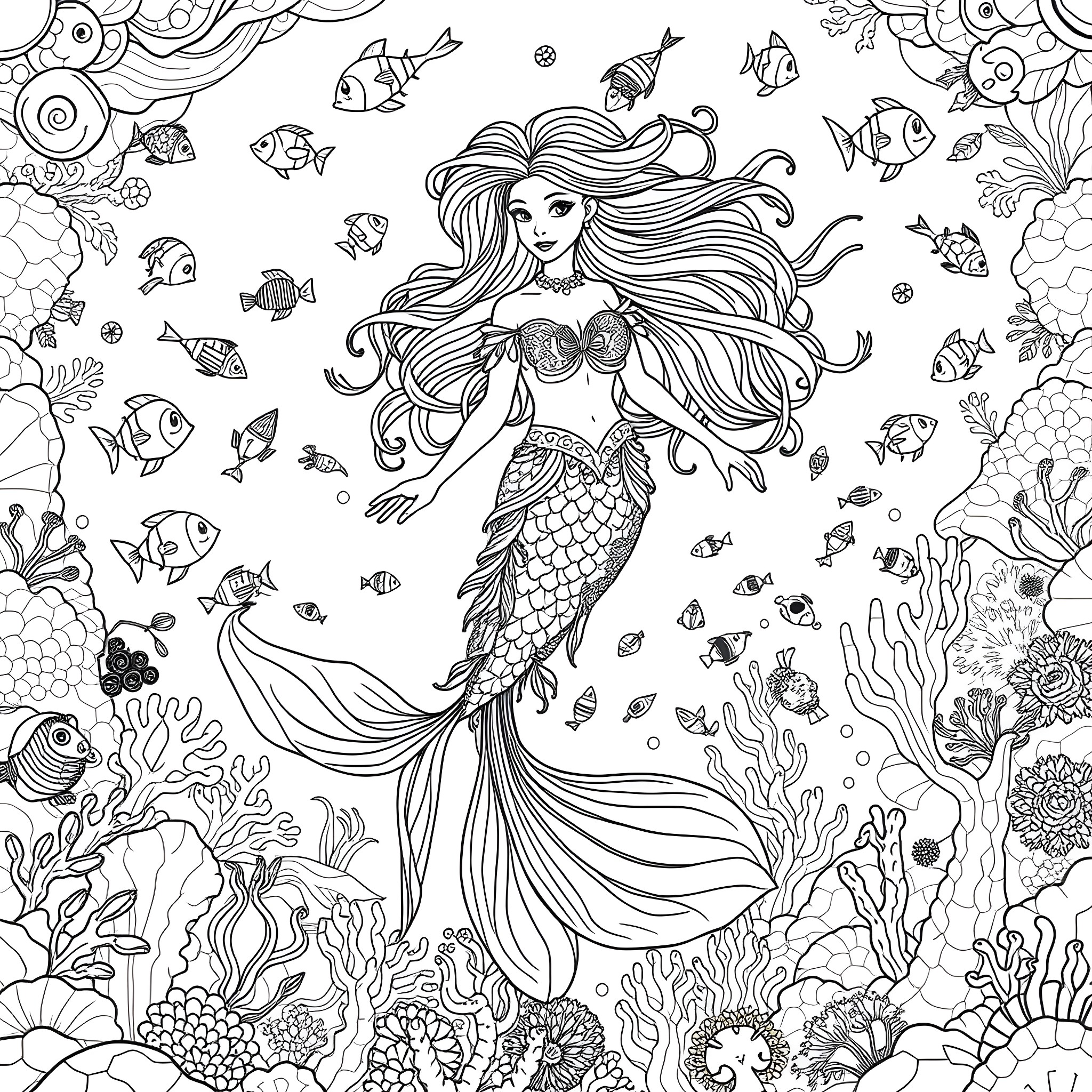 Mermaid Swimming Gracefully Among Vibrant Sea Creatures Coloring Page (free black-and-white line drawing printable PDF for all, from beginners to advanced learners, including children, teens, adults, and seniors)