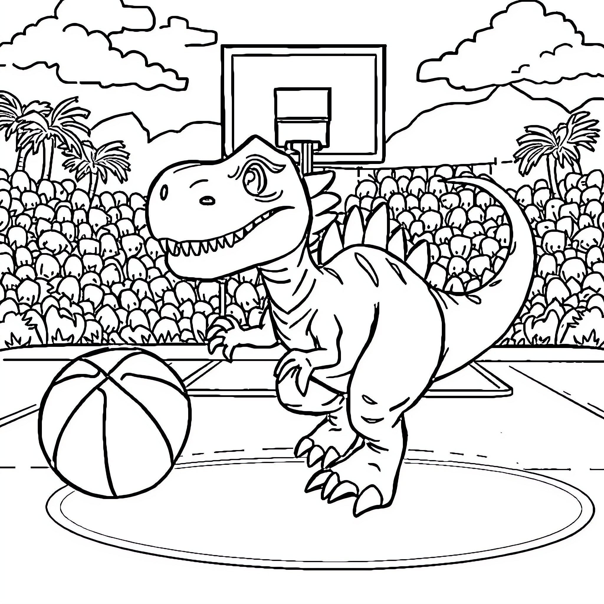 Dinosaur playing basketball on court Coloring Page (free black-and-white line drawing printable PDF for all, from beginners to advanced learners, including children, teens, adults, and seniors)