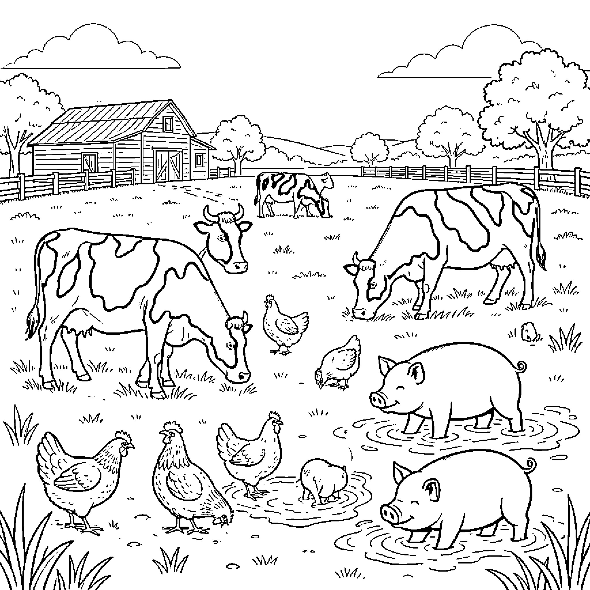 Farm Animal grazing and playing in a pasture Coloring Page (free black-and-white line drawing printable PDF for all, from beginners to advanced learners, including children, teens, adults, and seniors)