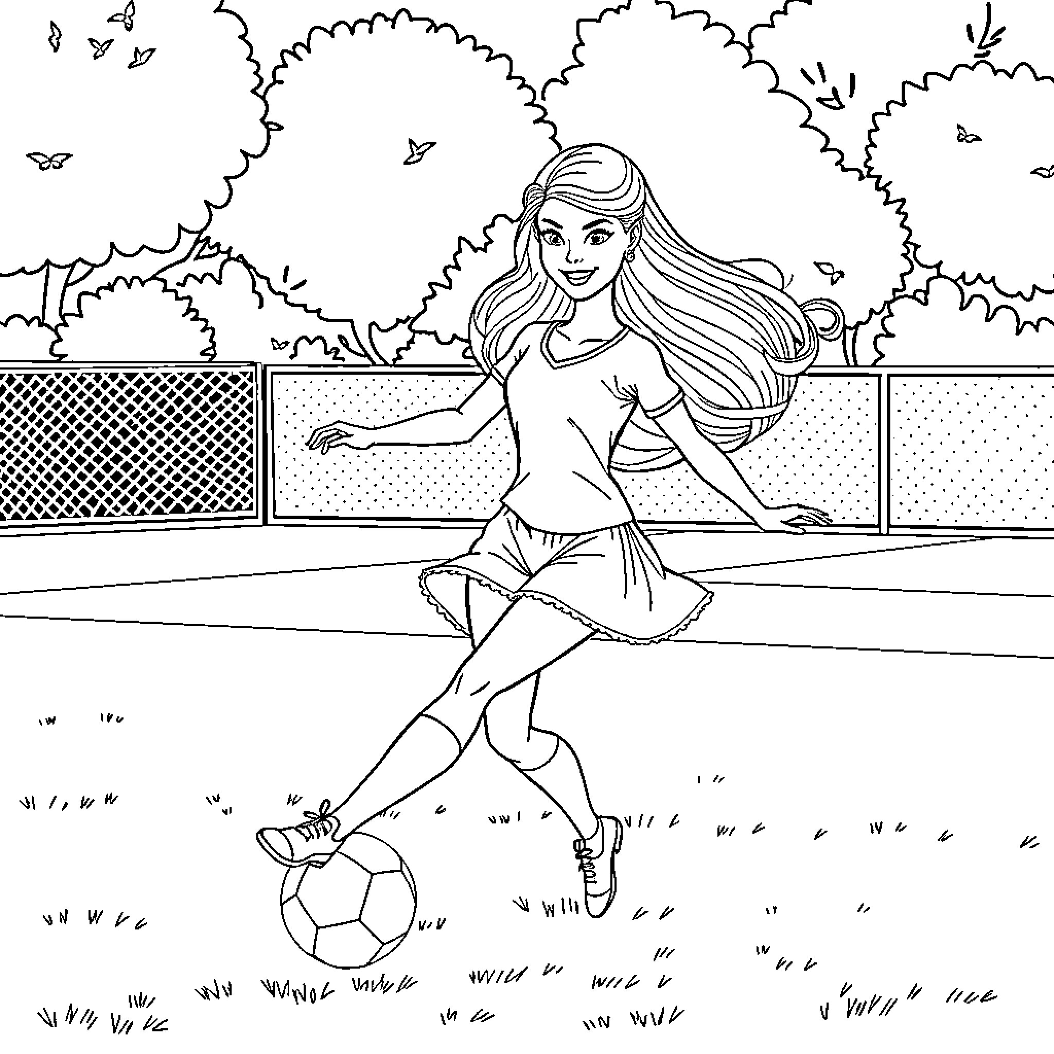 Barbie playing soccer outdoors Coloring Page (free black-and-white line drawing printable PDF for all, from beginners to advanced learners, including children, teens, adults, and seniors)