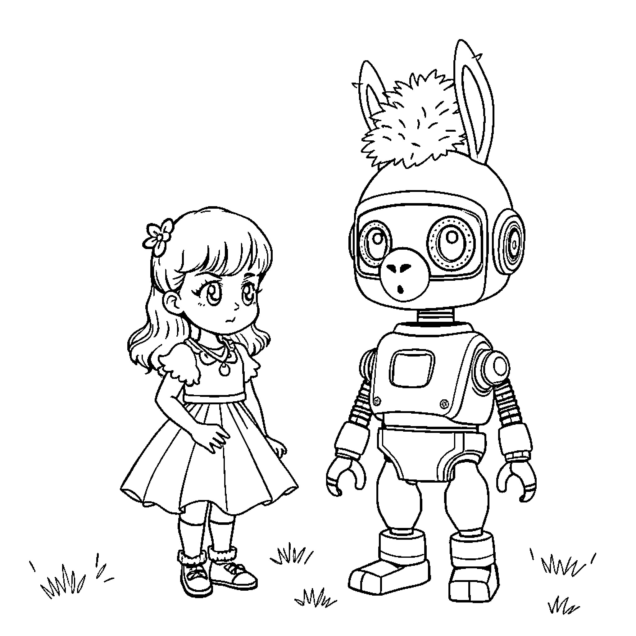Napoleon's Robotic Companion and Girl in Countryside Coloring Page (free black-and-white line drawing printable PDF for all, from beginners to advanced learners, including children, teens, adults, and seniors)
