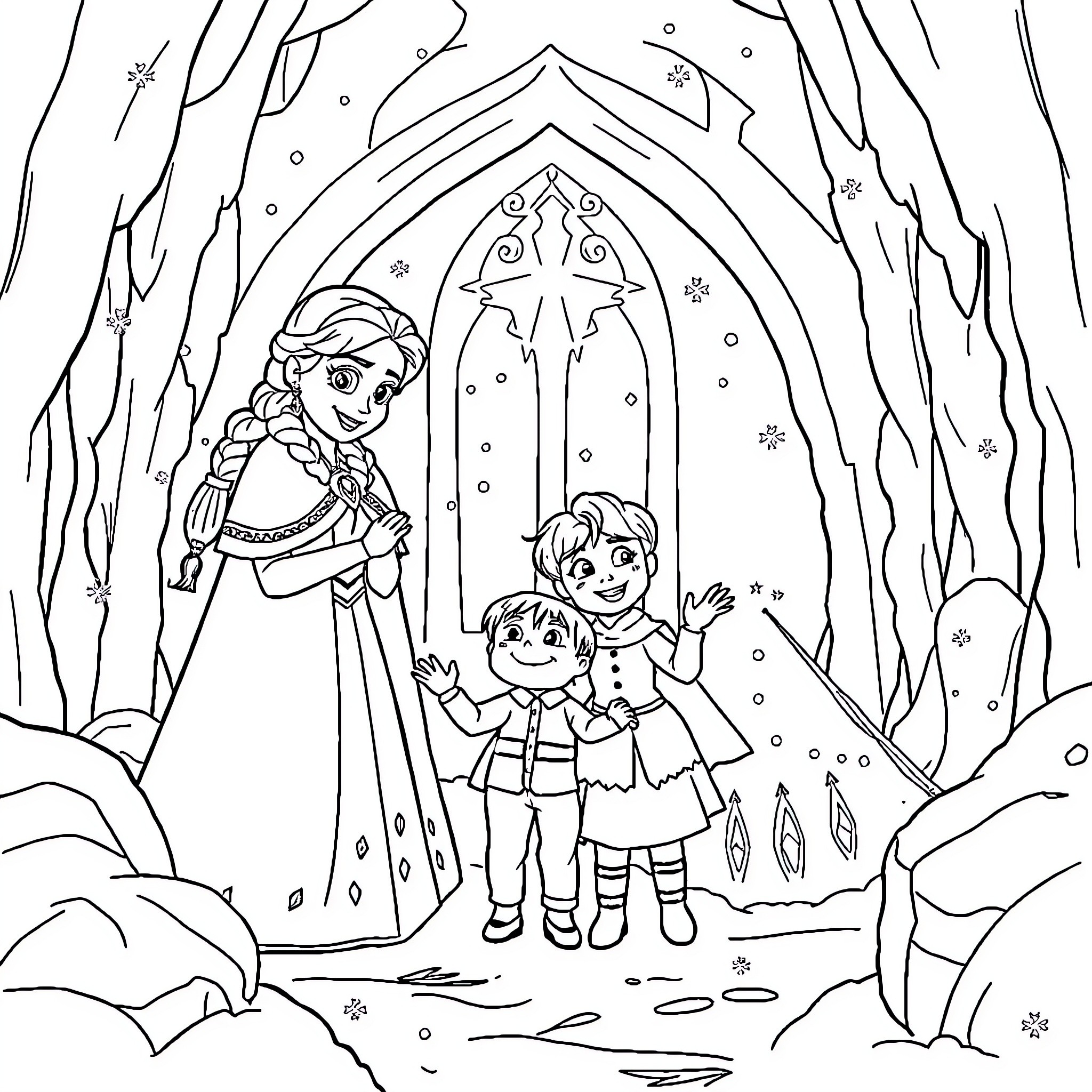 Anna and Elsa explore the winter wonderland Coloring Page (free black-and-white line drawing printable PDF for all, from beginners to advanced learners, including children, teens, adults, and seniors)