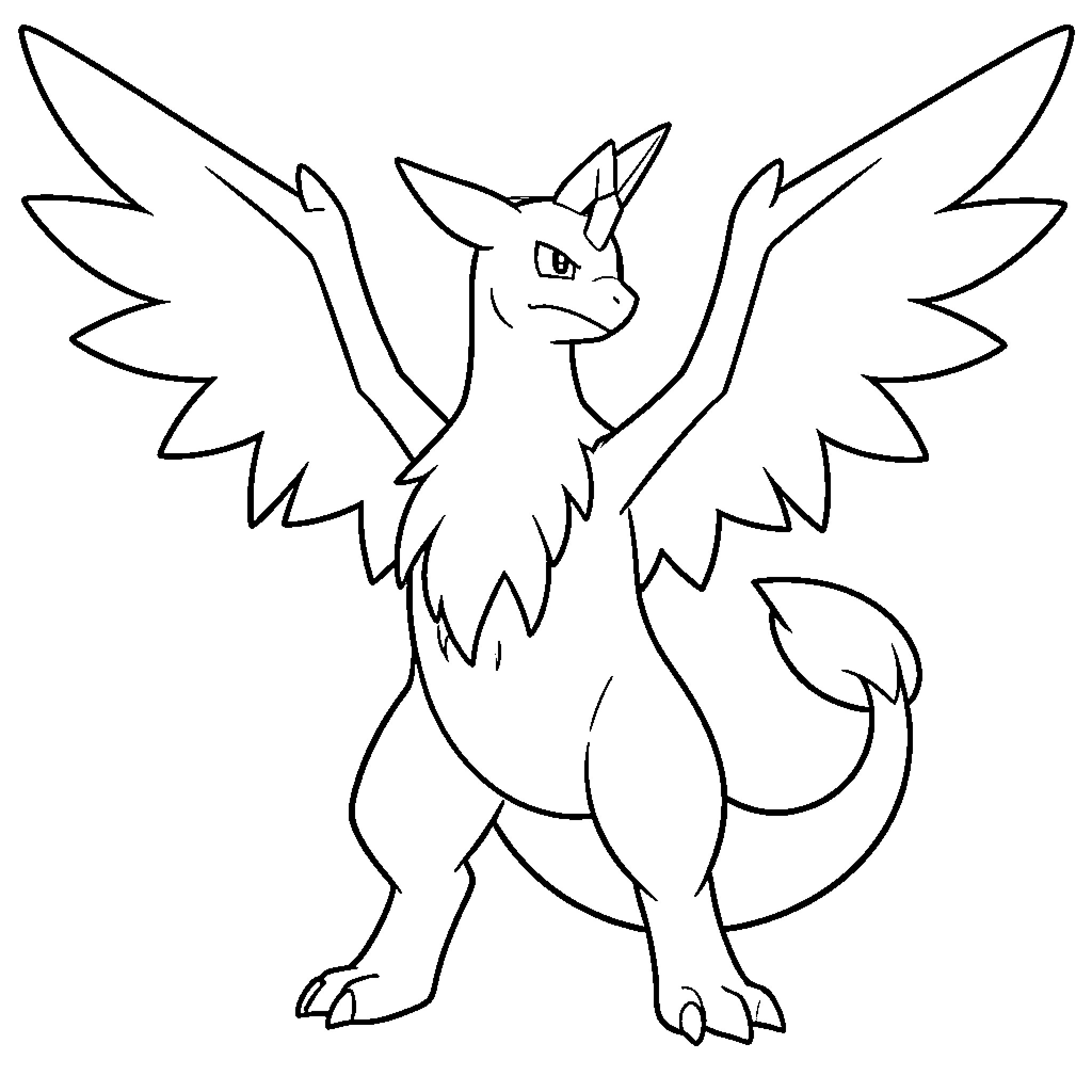 Dracofeu standing heroically with wings spread wide Coloring Page (free black-and-white line drawing printable PDF for all, from beginners to advanced learners, including children, teens, adults, and seniors)
