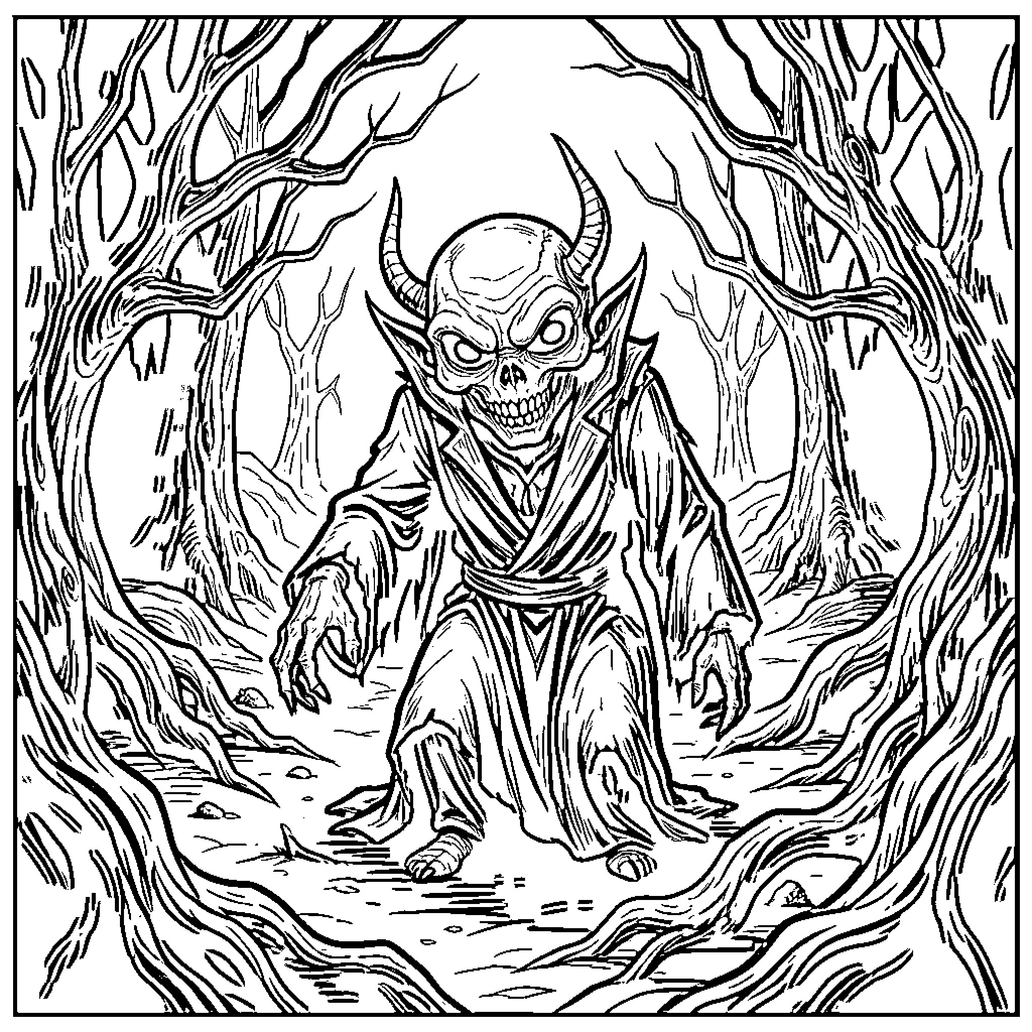 Demogorgon Lurking in the Eerie Forest Coloring Page (free black-and-white line drawing printable PDF for all, from beginners to advanced learners, including children, teens, adults, and seniors)